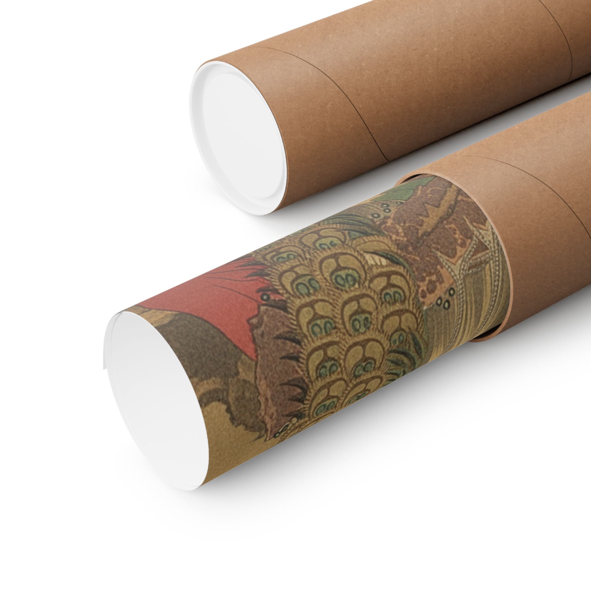 Scenic Nature — Painting Of Peacocks, Pines, A Waterfall, And A Roll Of Red Fabric — Matte Poster