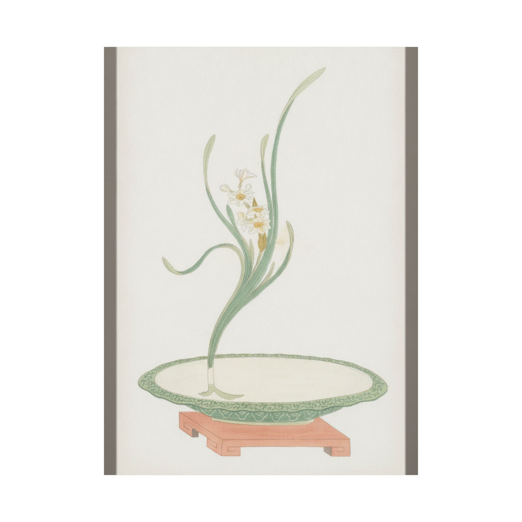 Watercolor — Flower Arrangement Of Suisen (Narcissus) In A Flat Green Dish — Matte Poster