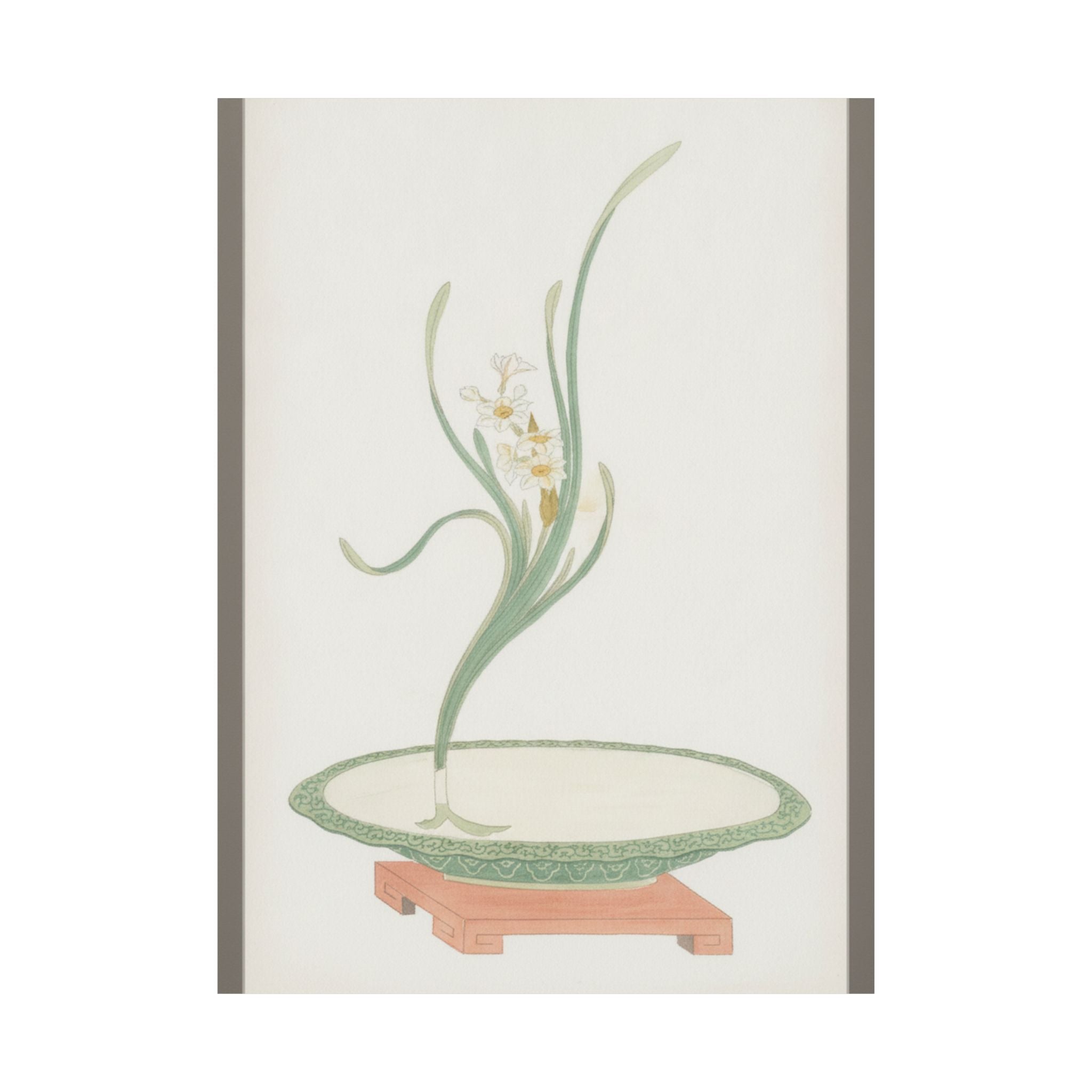 Watercolor — Flower Arrangement Of Suisen (Narcissus) In A Flat Green Dish — Matte Poster