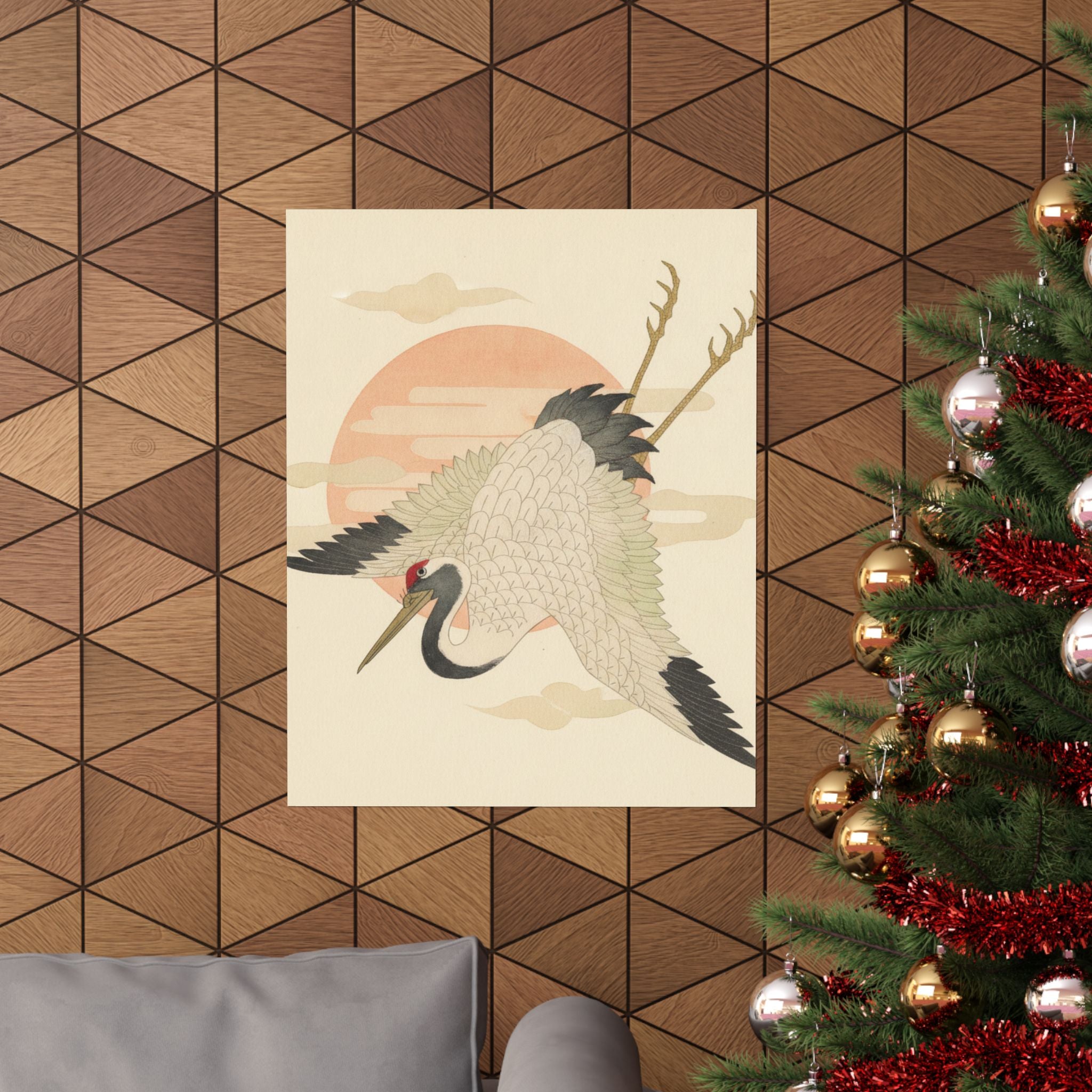 Botanical — White Crane Flying Across The Sun'S Disc — Matte Poster
