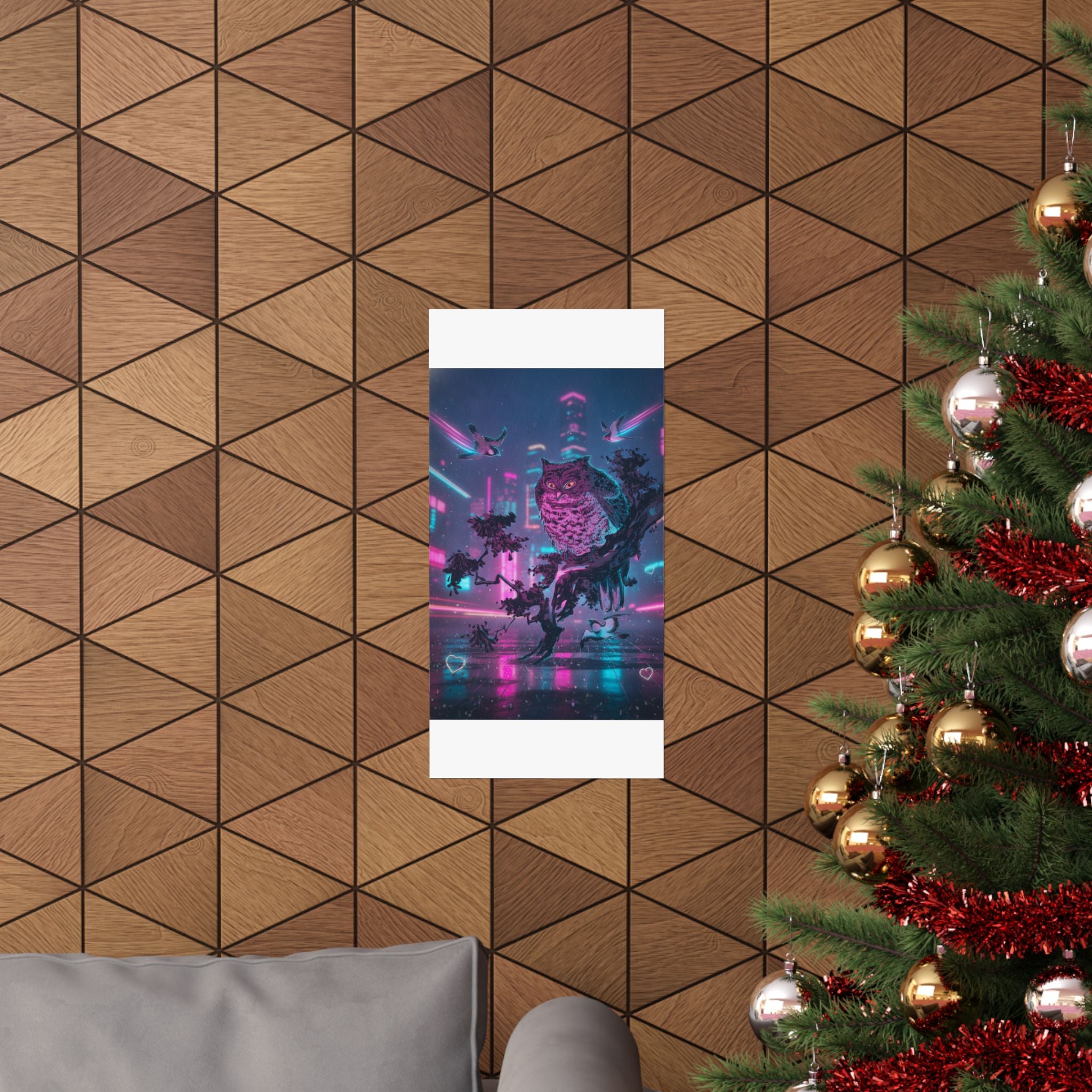 Neon Noir — Owl And Two Swallows — Matte Poster