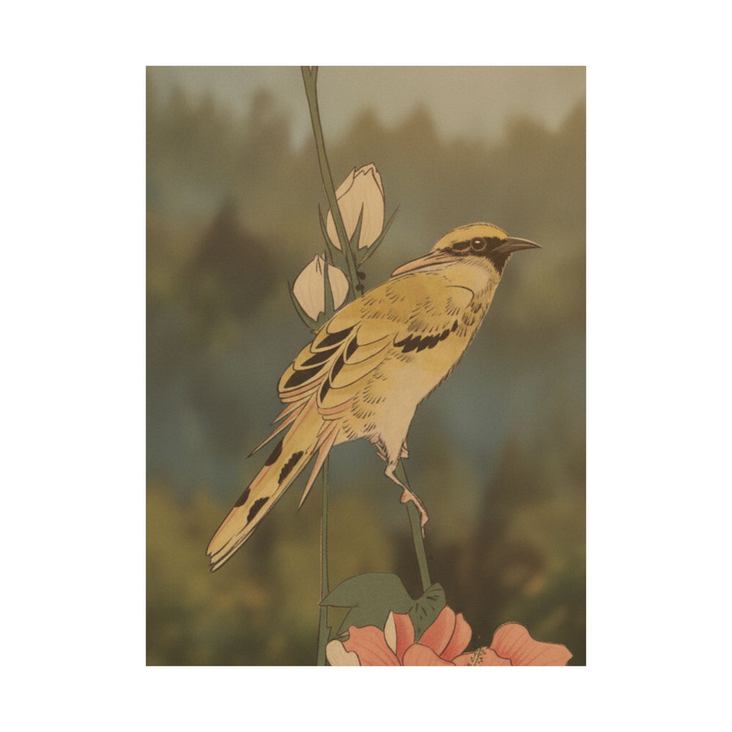 Scenic Nature — Black-Naped Oriole Perched On A Stem Of Rose Mallow — Matte Poster