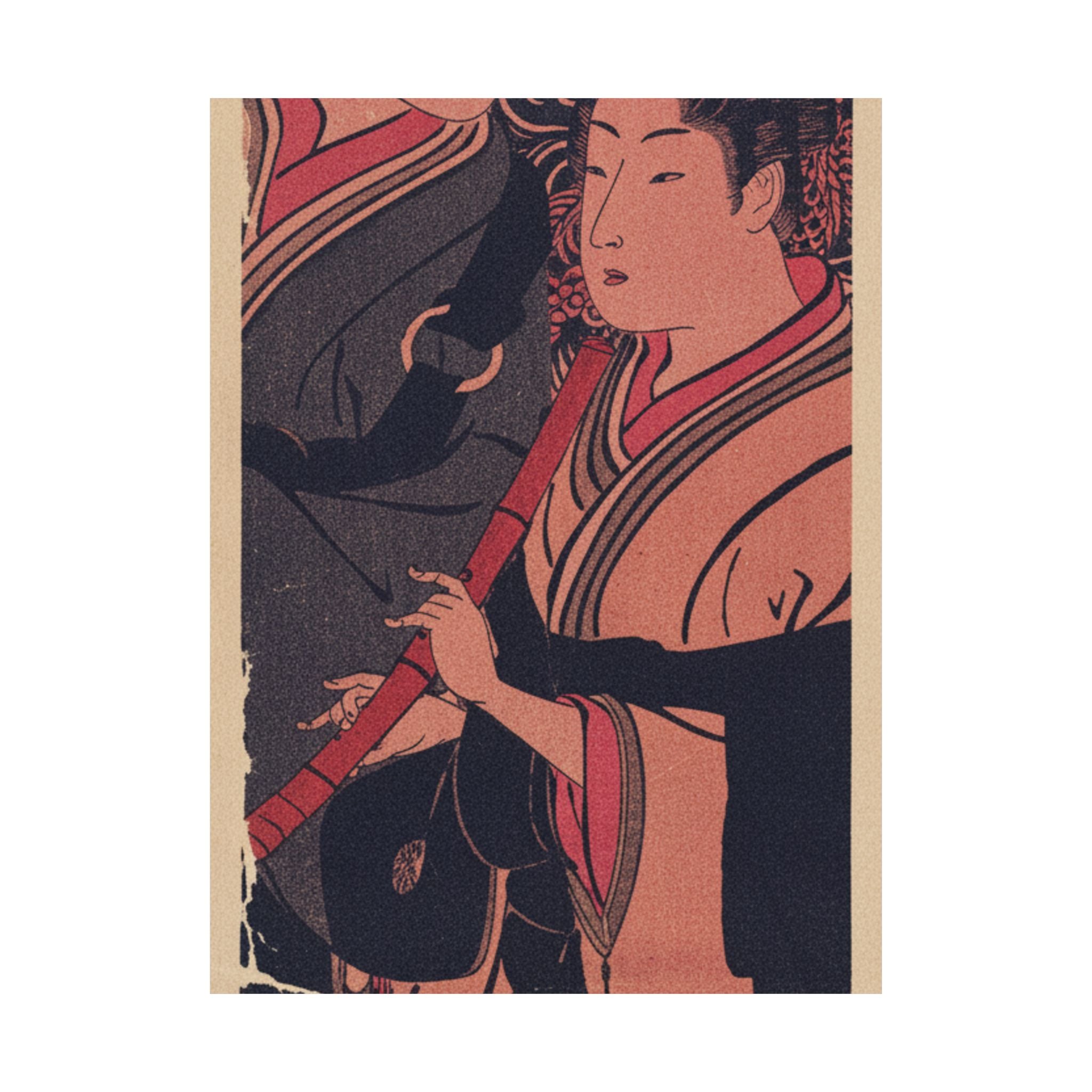 Japanese Street — Two Men, One Playing A Flute — Matte Poster