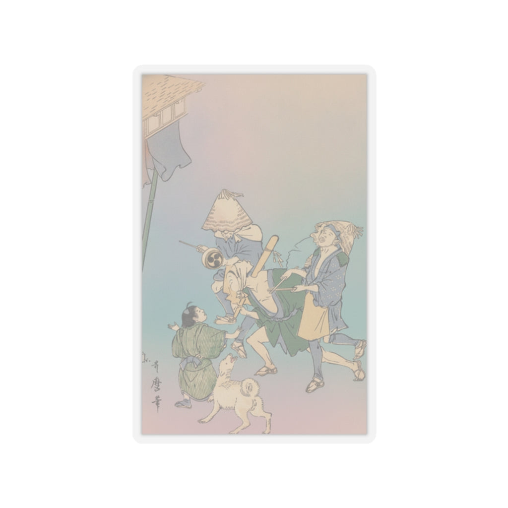 Affirmation — Three Revelers Of The Lower Classes, Wearing Komuso Hats, With Small Boy And Dog — Kiss-Cut Sticker