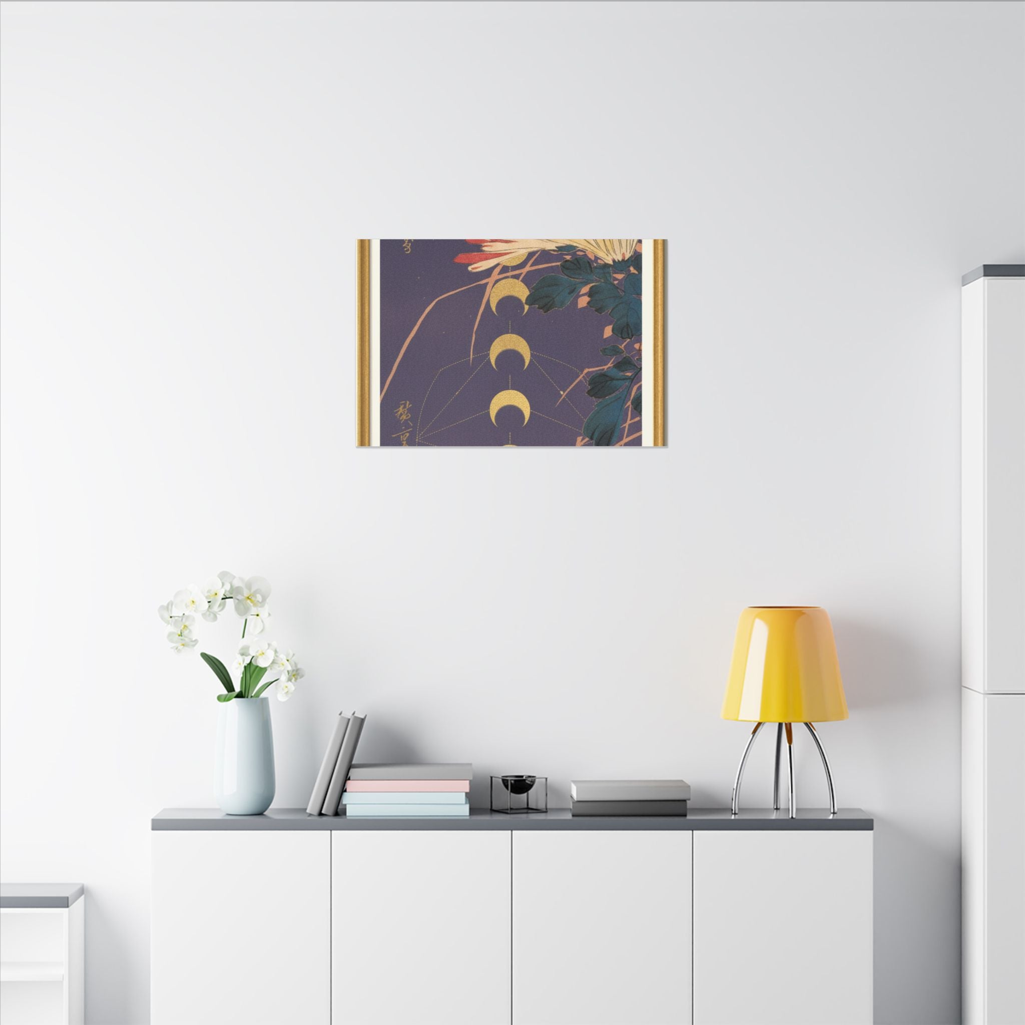 Chrysanthemum and Gold Moon Phases Woodblock Matte Canvas