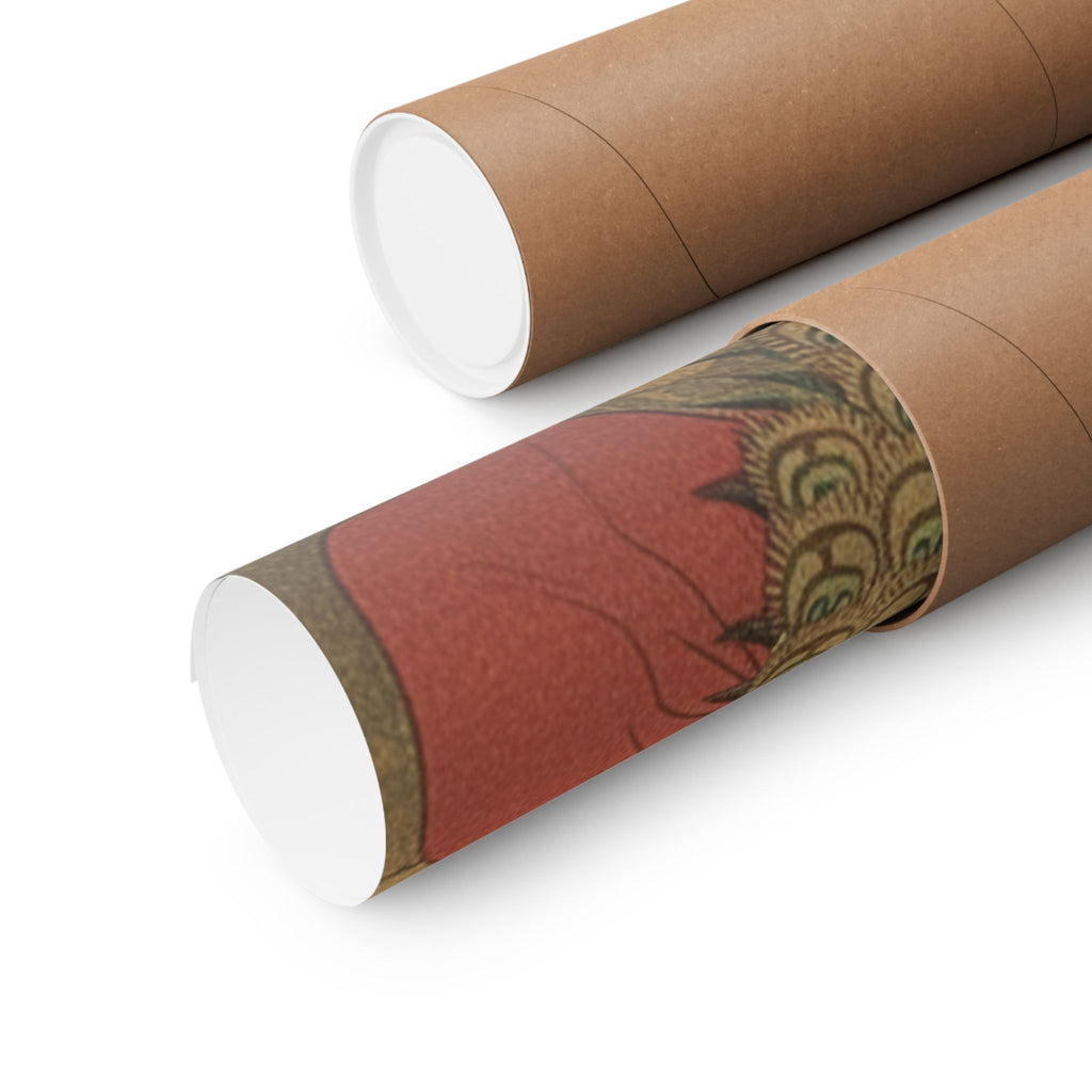 Scenic Nature — Painting Of Peacocks, Pines, A Waterfall, And A Roll Of Red Fabric — Matte Poster