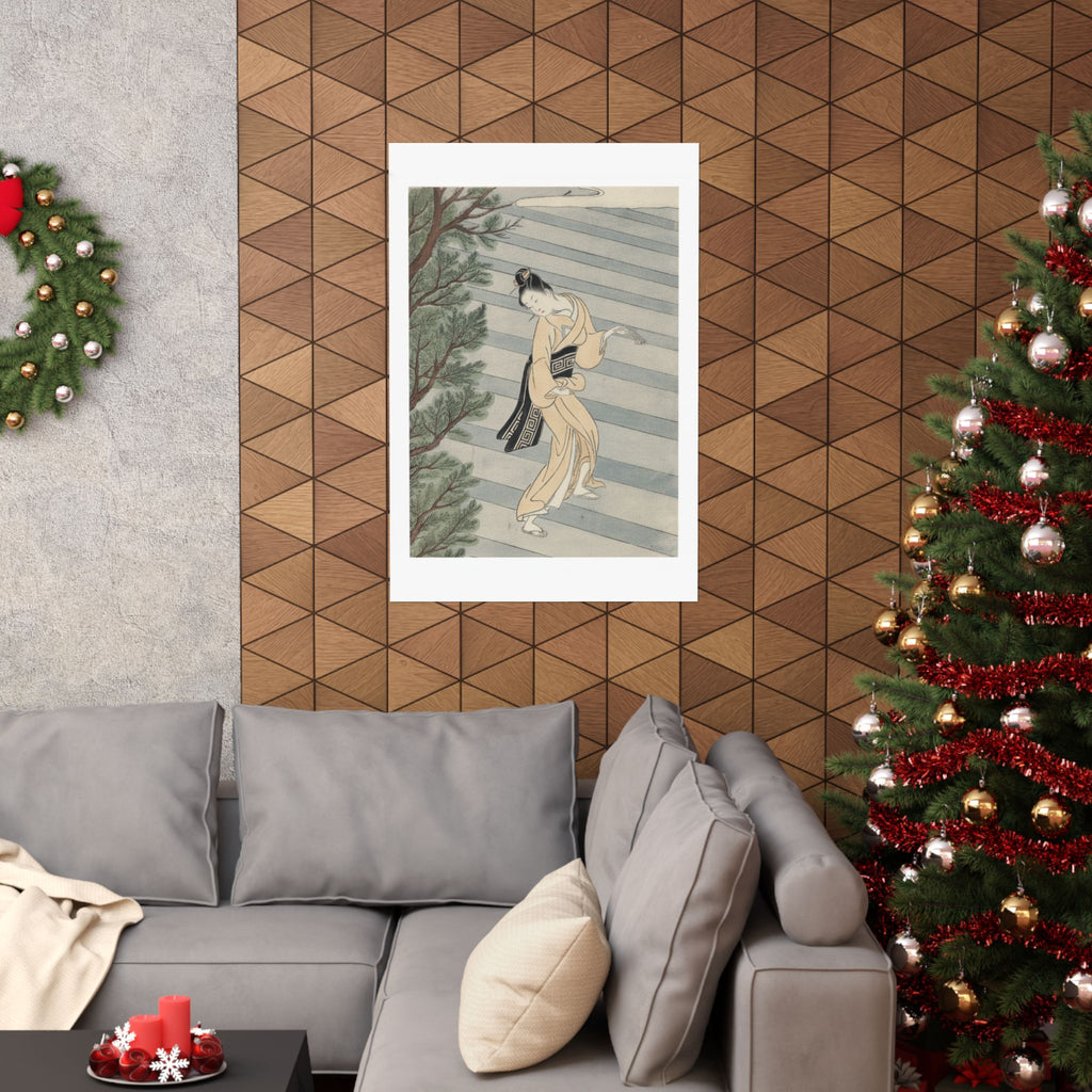 Watercolor — Young Woman Climbing Stone Stairs To A Shinto Temple — Matte Poster