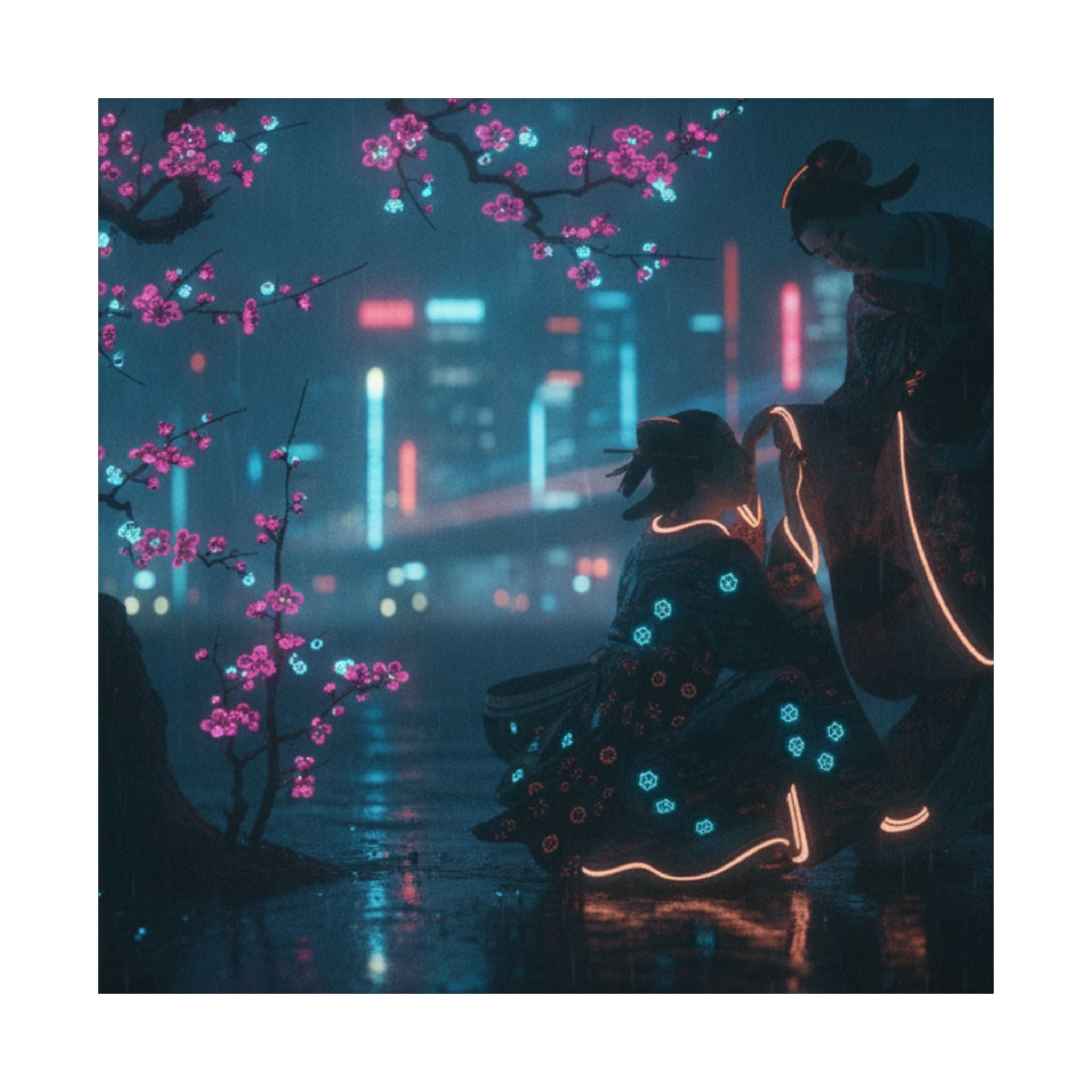 Neon Noir — Two Girls Under Plum Tree — Matte Poster