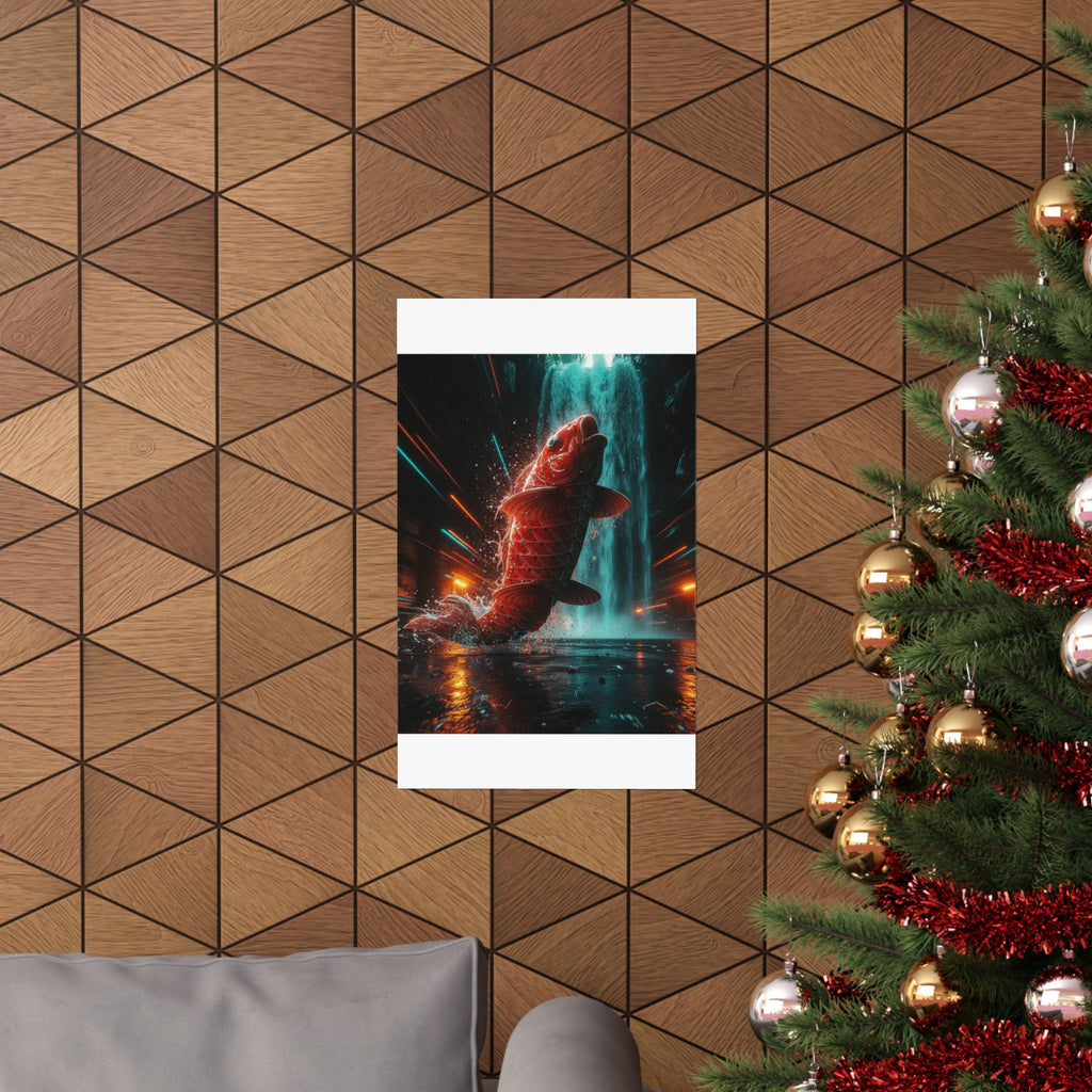 Fast Furious — Red Carp Ascending A Waterfall — Matte Poster