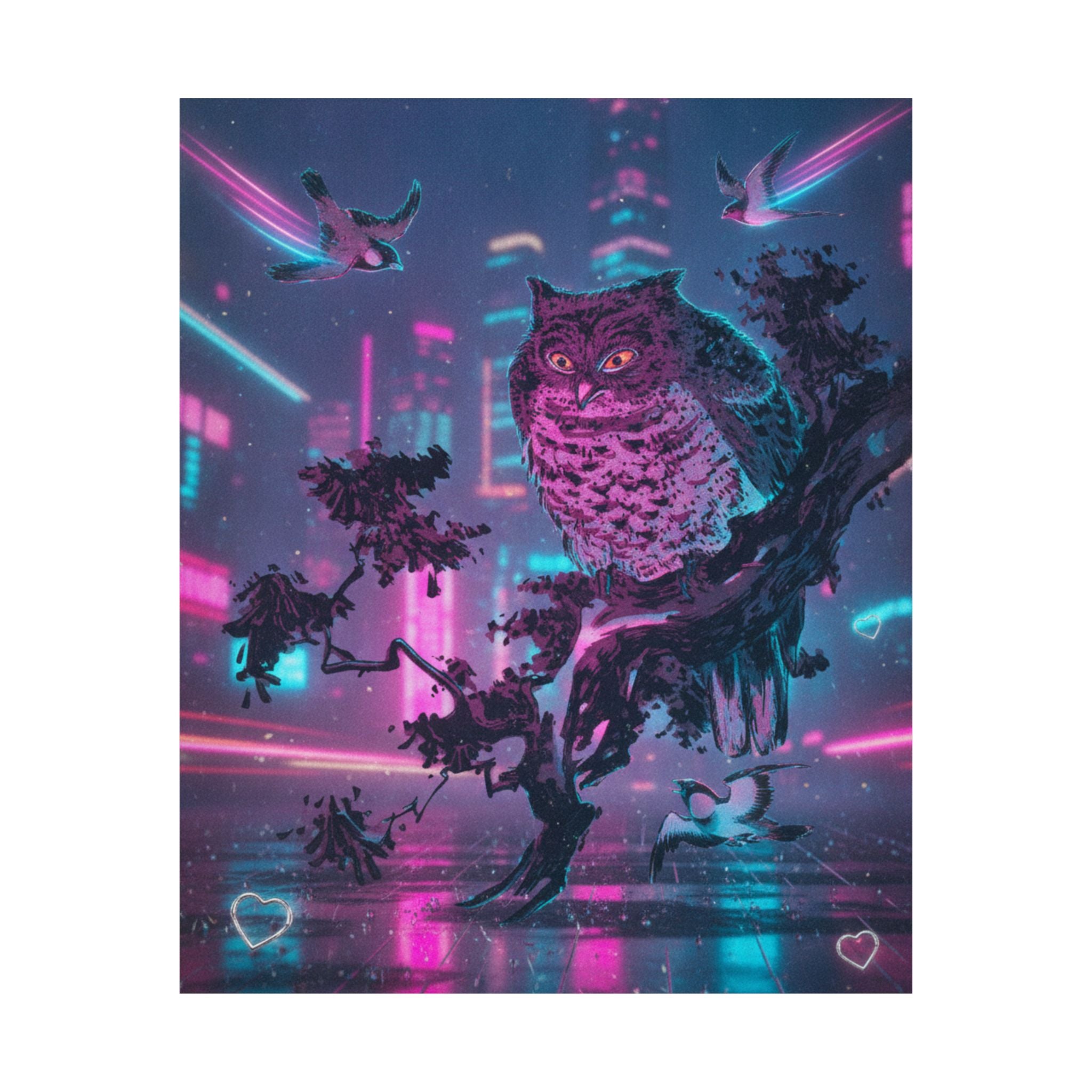 Neon Noir — Owl And Two Swallows — Matte Poster