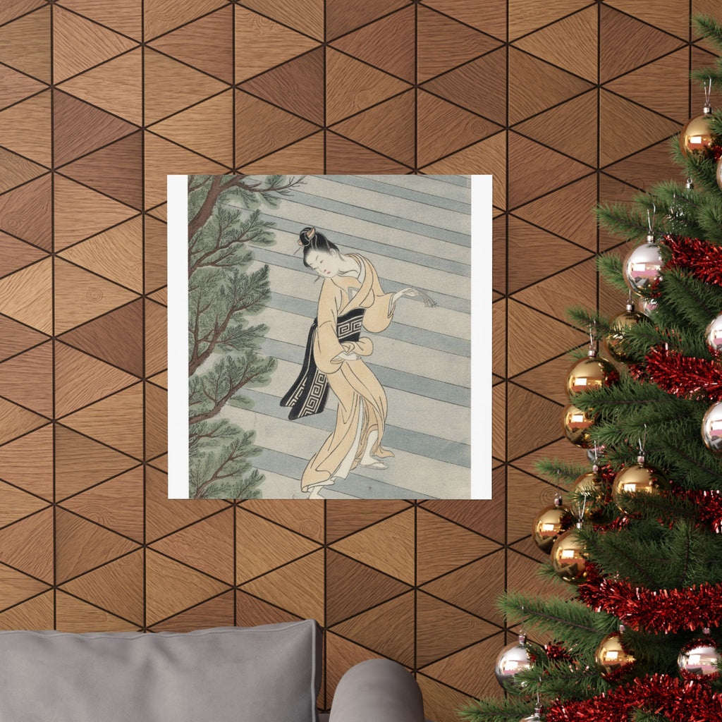 Watercolor — Young Woman Climbing Stone Stairs To A Shinto Temple — Matte Poster