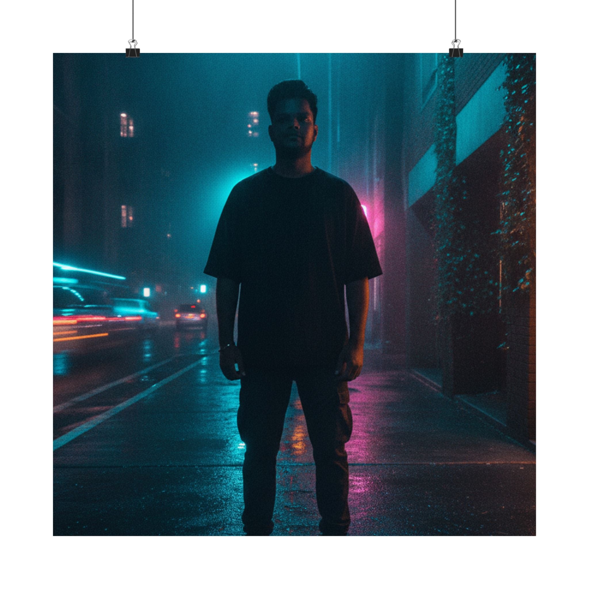 Rainy Neon City Street Silhouette Teal Pink Matte Poster