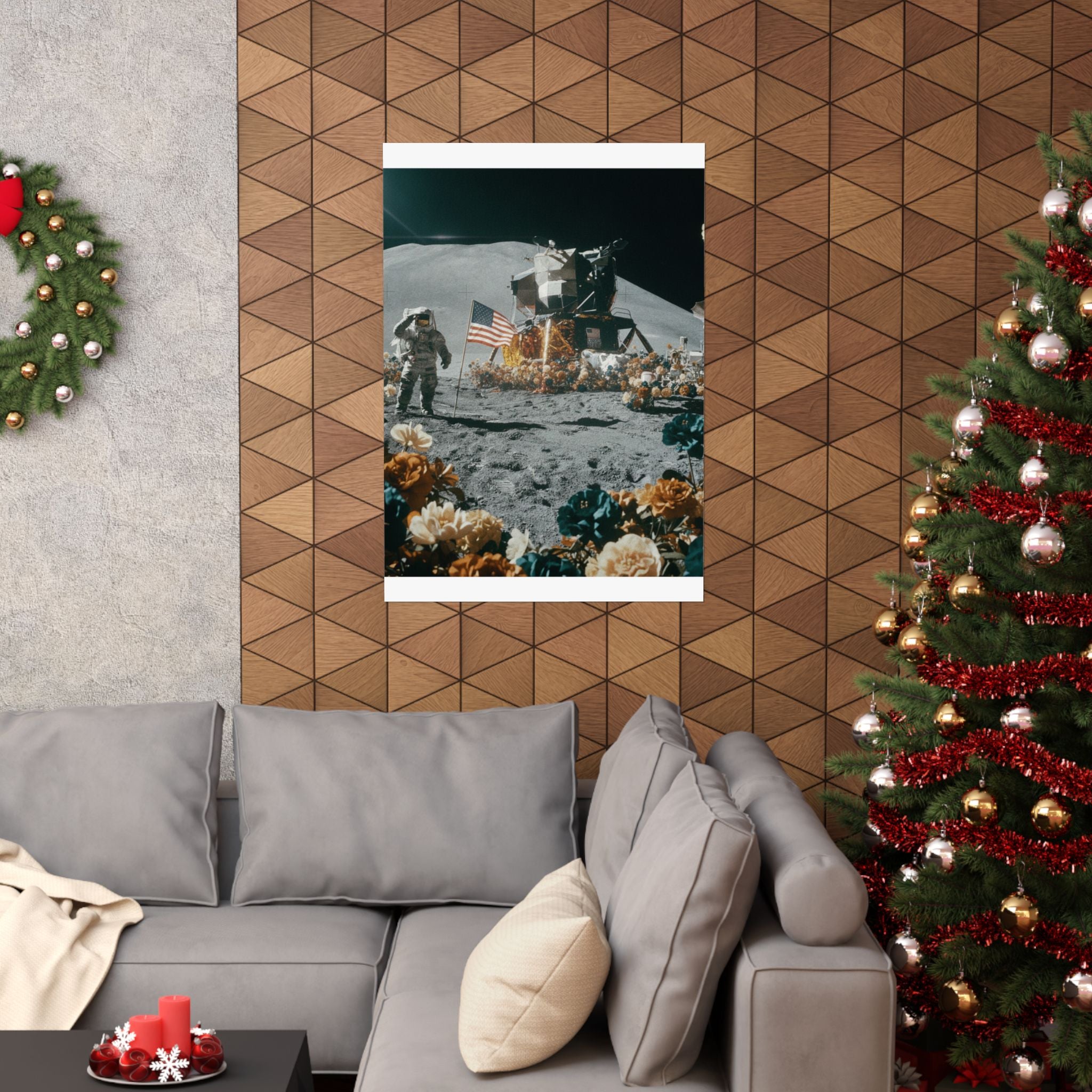 Astronaut Moon Landing in Bloom Surreal Space Poster