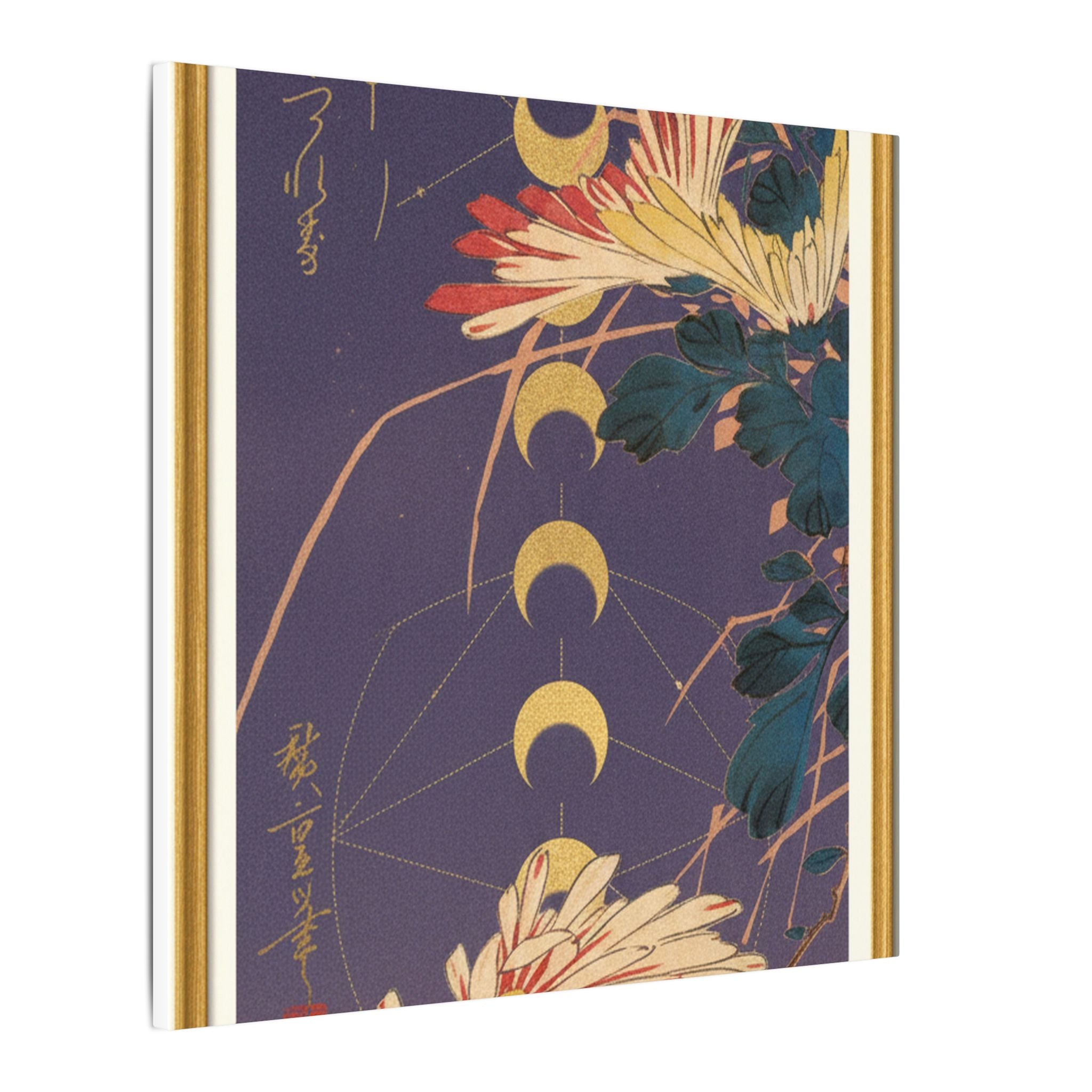Chrysanthemum and Gold Moon Phases Woodblock Matte Canvas