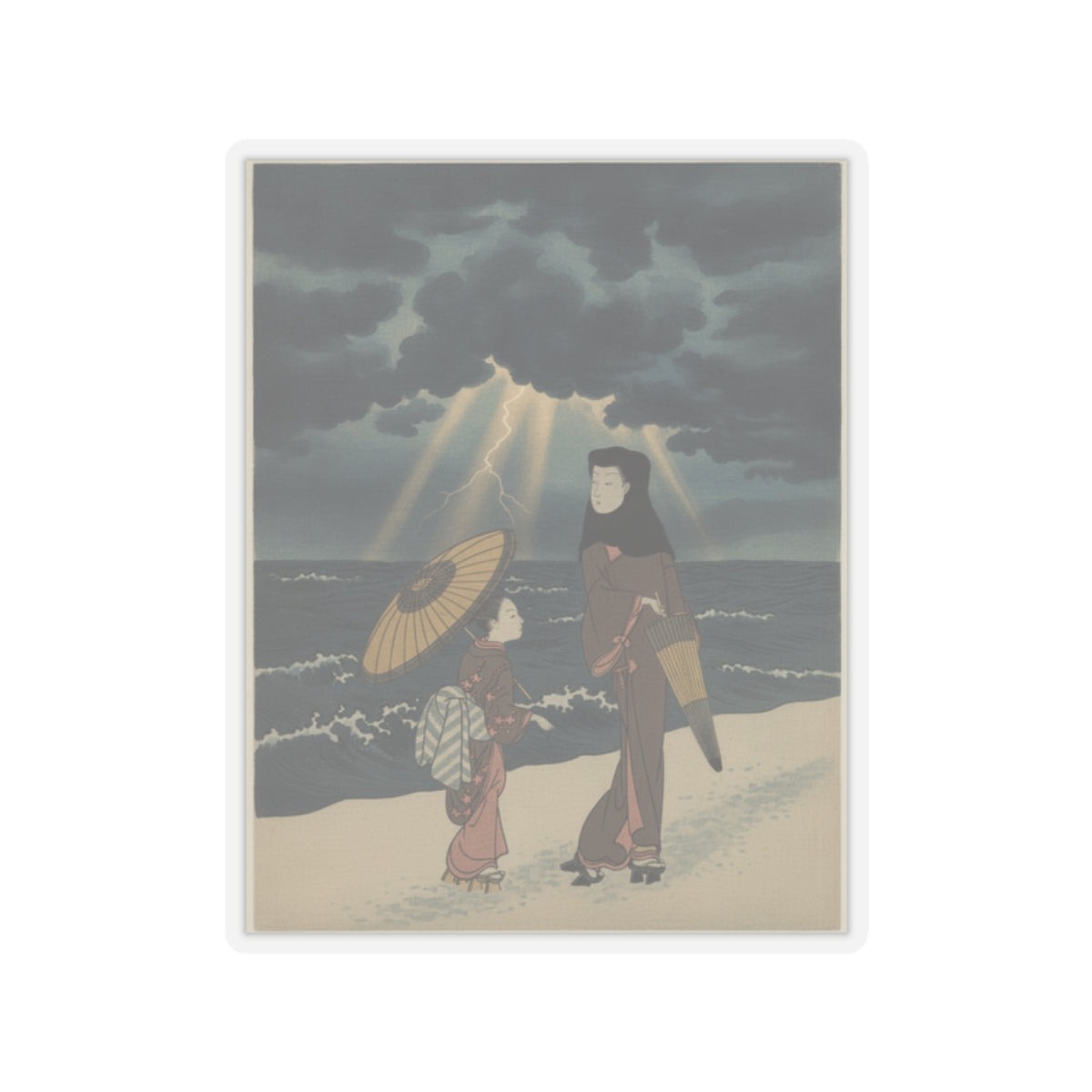 Dramatic Storm — Lady With Black Hood And Umbrella Out Walking With Young Attendant — Kiss-Cut Sticker