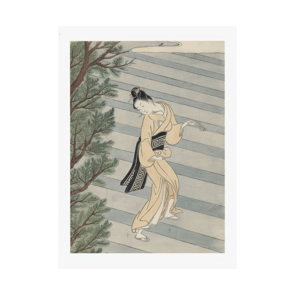 Watercolor — Young Woman Climbing Stone Stairs To A Shinto Temple — Matte Poster