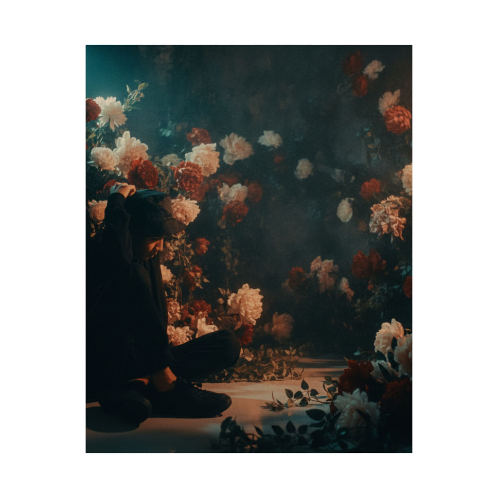 Kneeling Figure in Dark Rose Garden Moody Poster