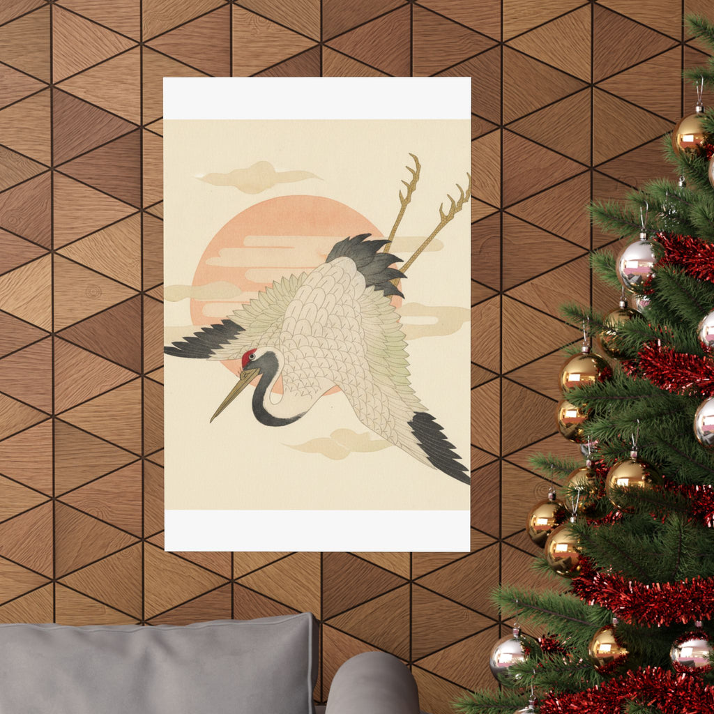 Botanical — White Crane Flying Across The Sun'S Disc — Matte Poster