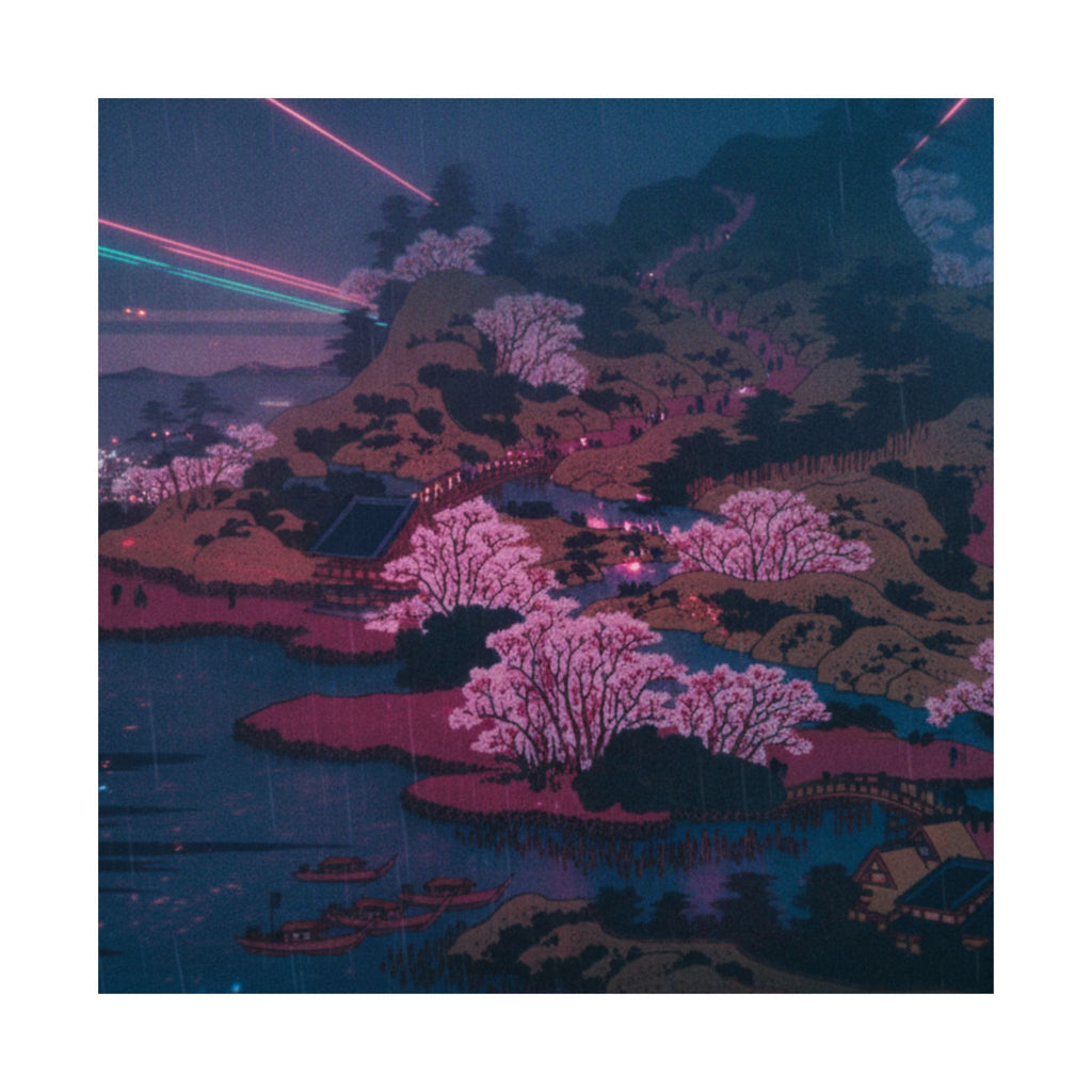 Neon Noir — Tenpōzan At The Mouth Of The Aji River In Settsu Province (Sesshū Ajikawaguchi T — Matte Poster