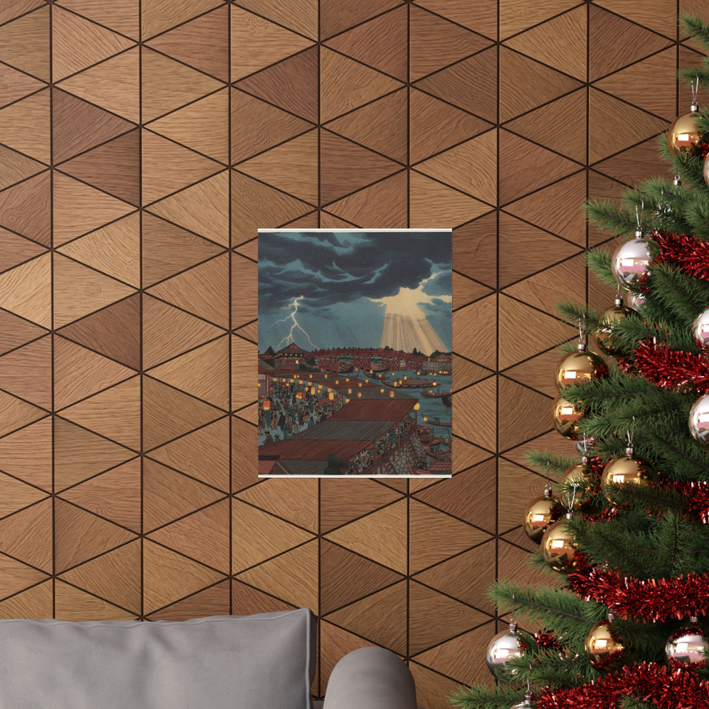 Dramatic Storm — Landscape; Showing Water Festival With Lanterns — Matte Poster