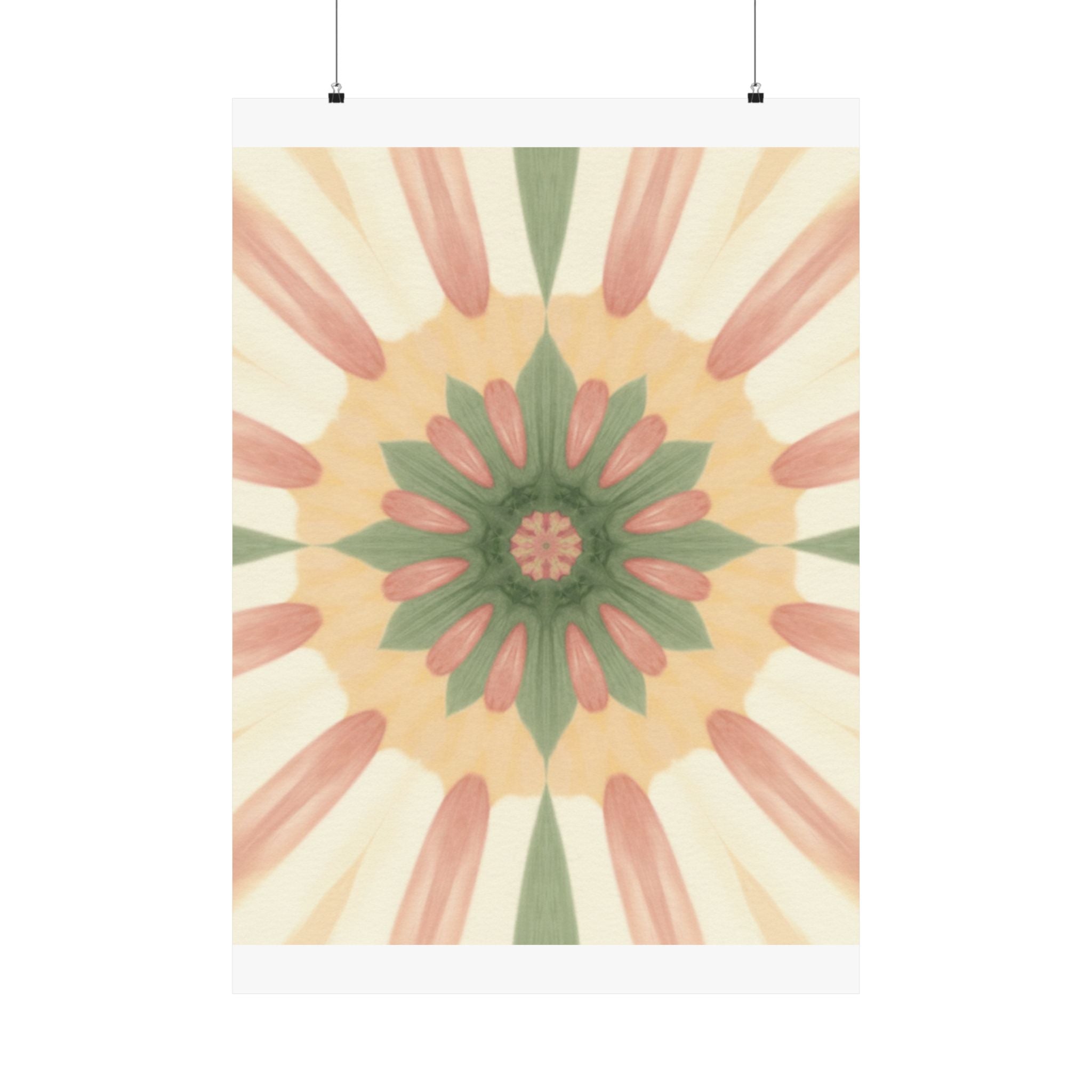 Peach and Sage Floral Kaleidoscope Mandala Poster