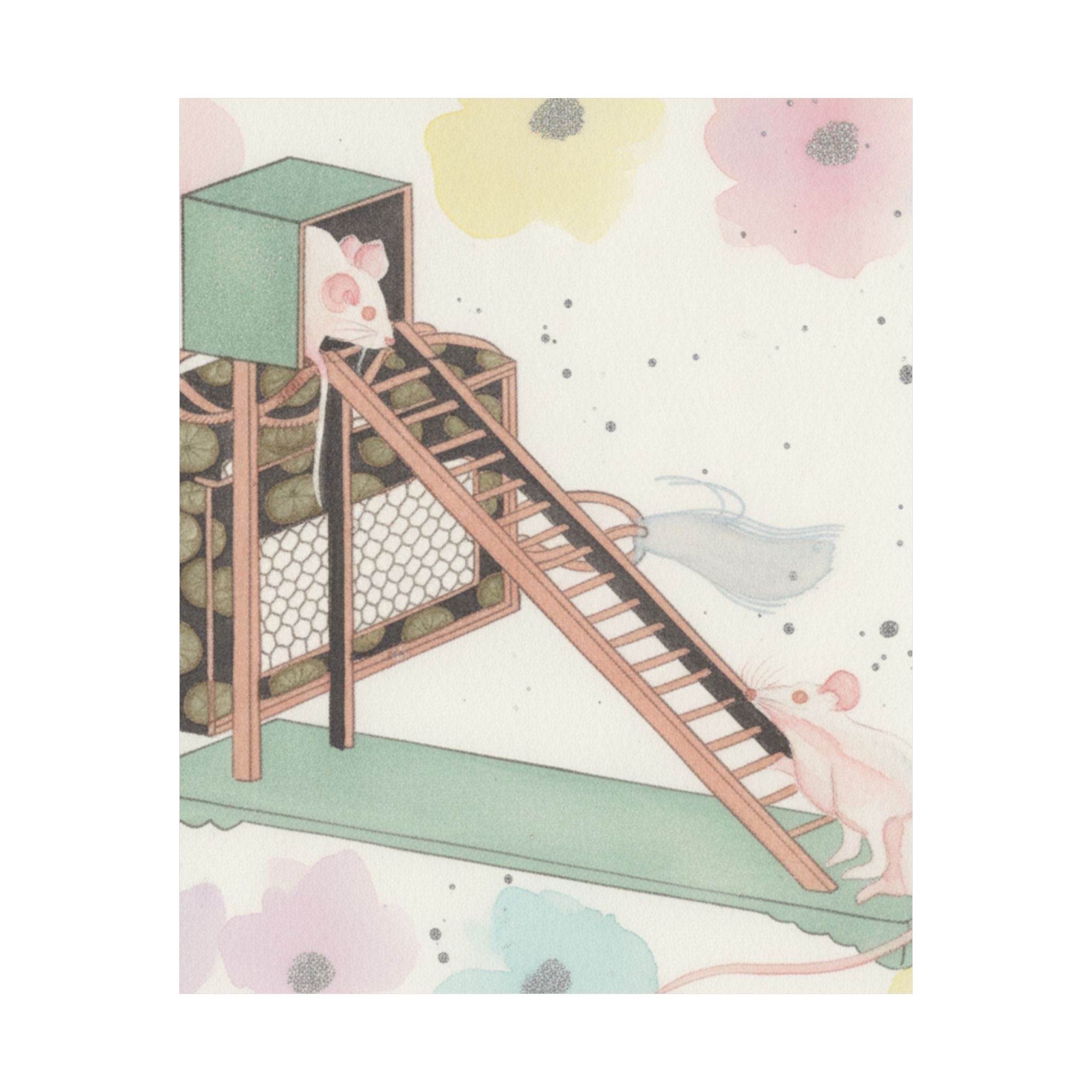 Watercolor — White Mice Playing — Matte Poster