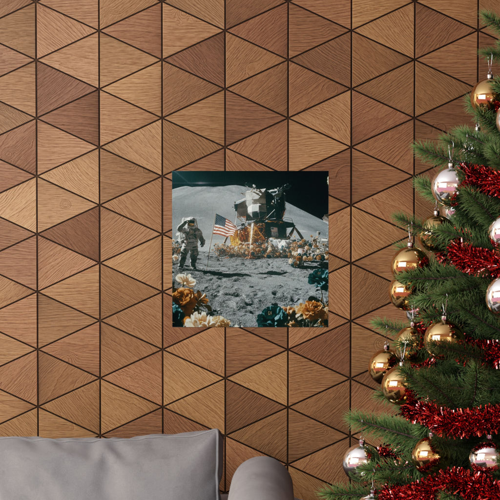 Astronaut Moon Landing in Bloom Surreal Space Poster