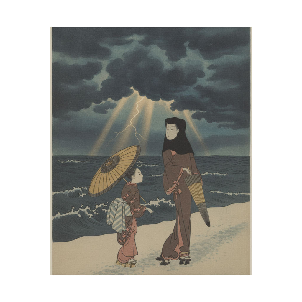 Dramatic Storm — Lady With Black Hood And Umbrella Out Walking With Young Attendant — Matte Poster