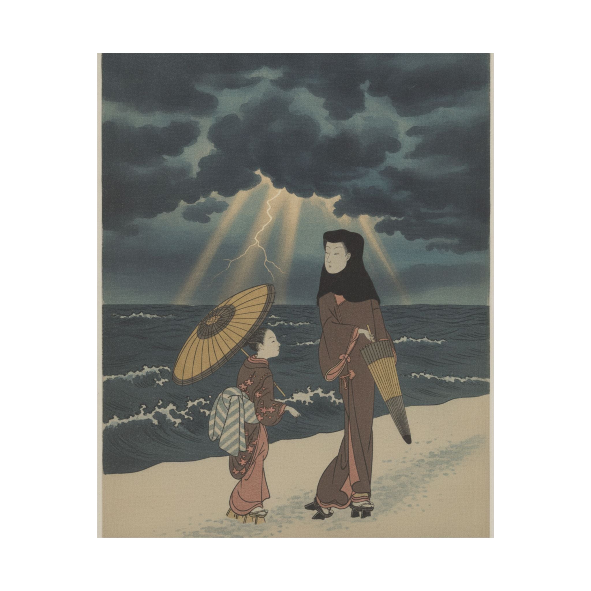 Dramatic Storm — Lady With Black Hood And Umbrella Out Walking With Young Attendant — Matte Poster
