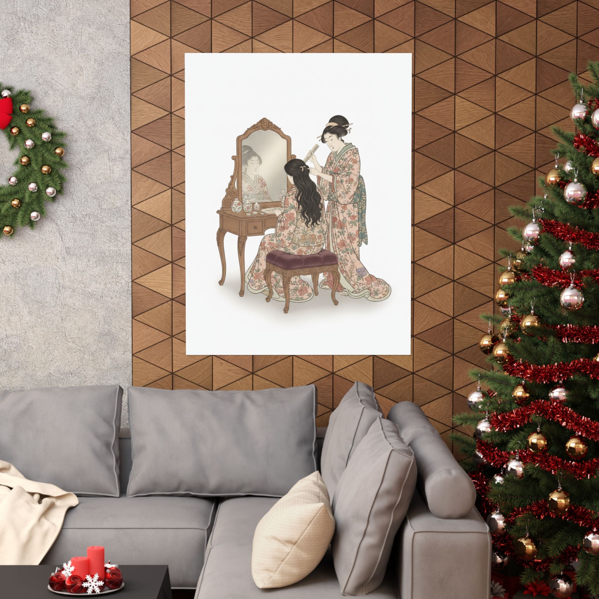 Ecommerce Main — A Woman At Her Toilet Seated Before A Mirror, Having Her Hair Combed By A Kameyu — Matte Poster