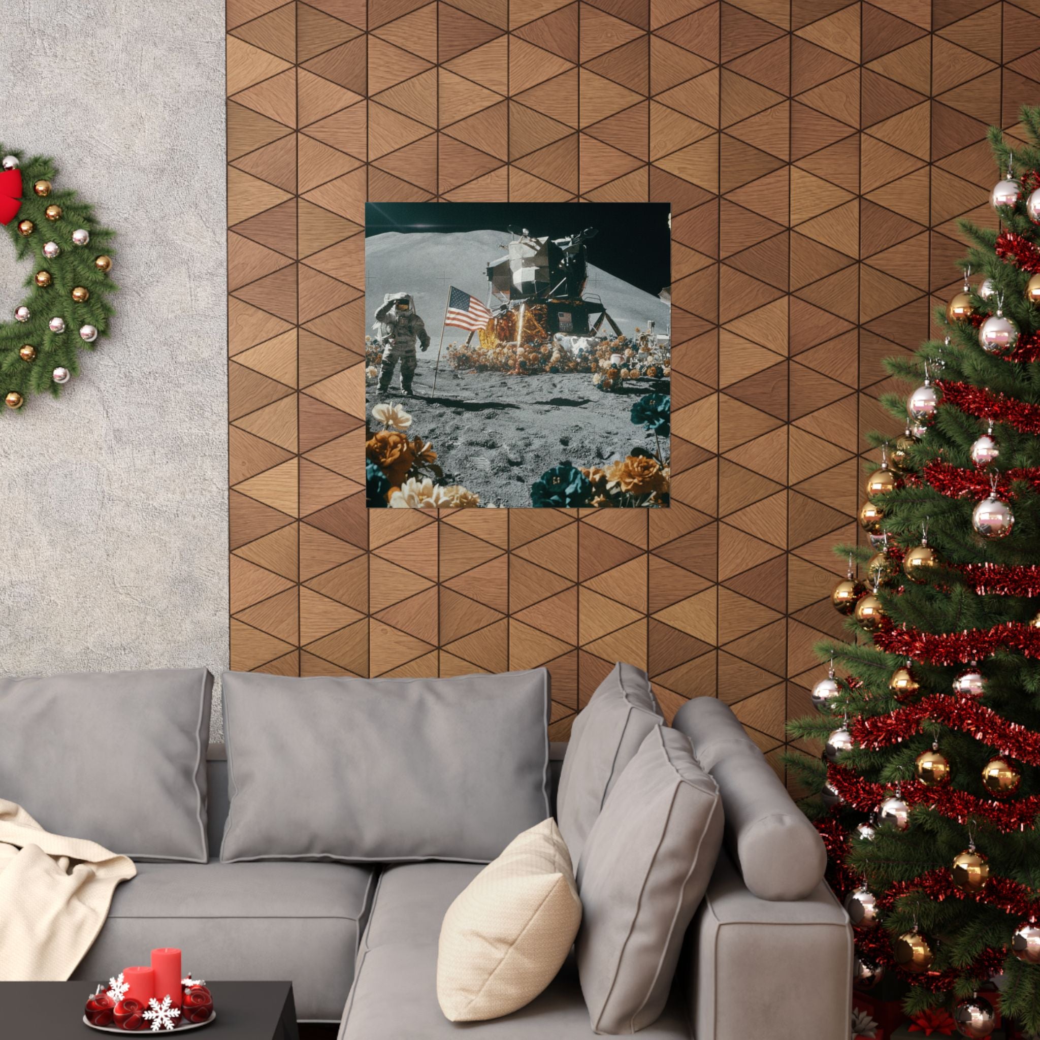 Astronaut Moon Landing in Bloom Surreal Space Poster