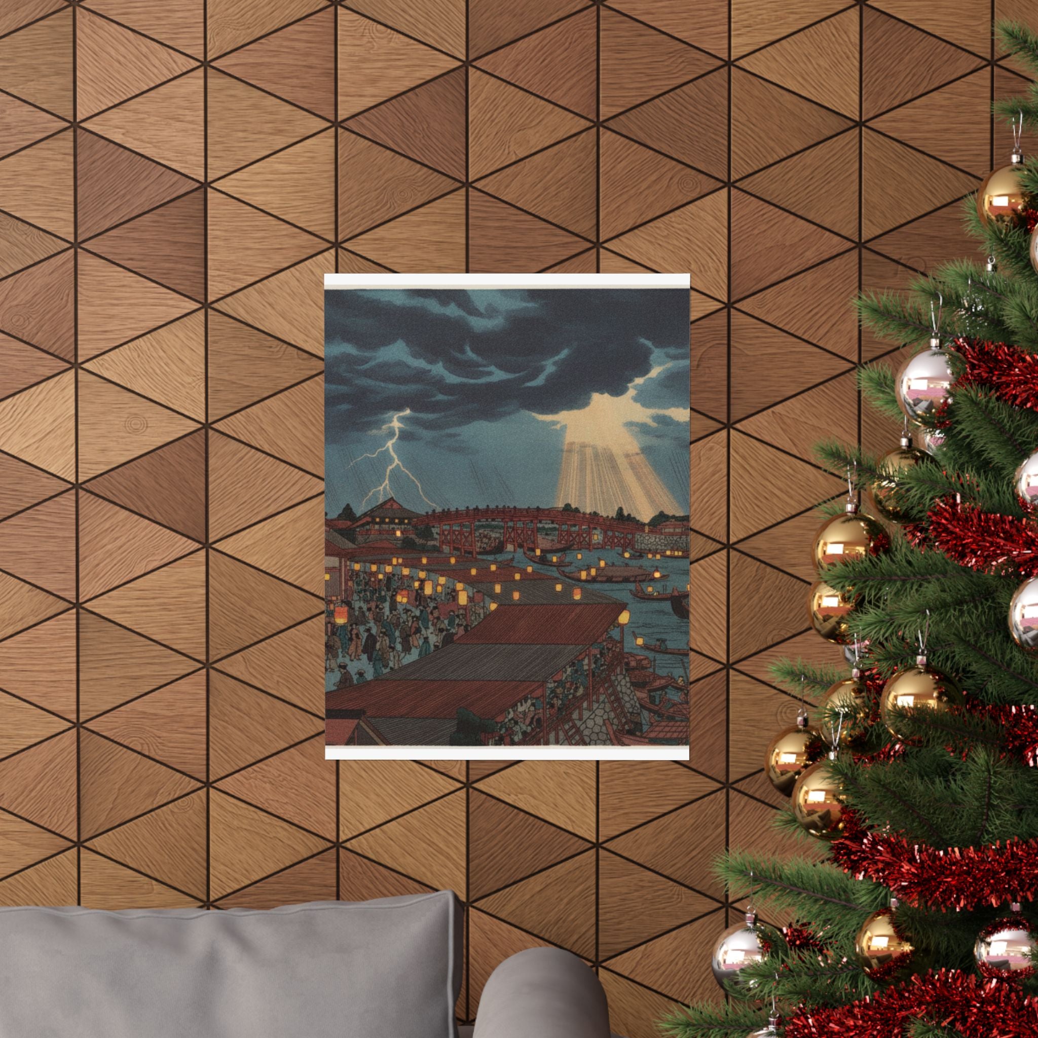 Dramatic Storm — Landscape; Showing Water Festival With Lanterns — Matte Poster