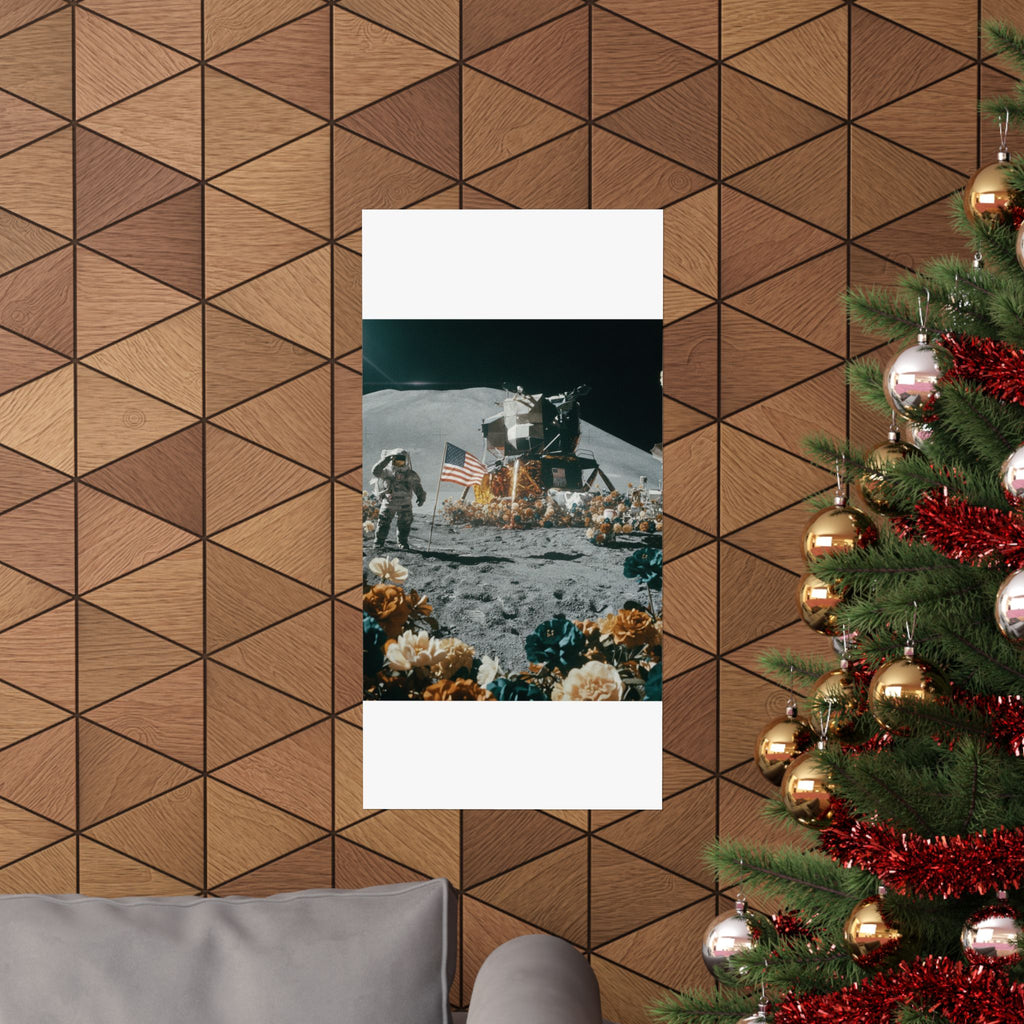 Astronaut Moon Landing in Bloom Surreal Space Poster