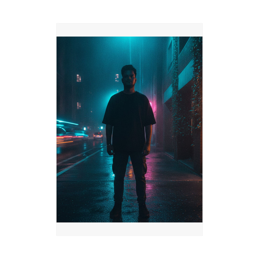 Rainy Neon City Street Silhouette Teal Pink Matte Poster
