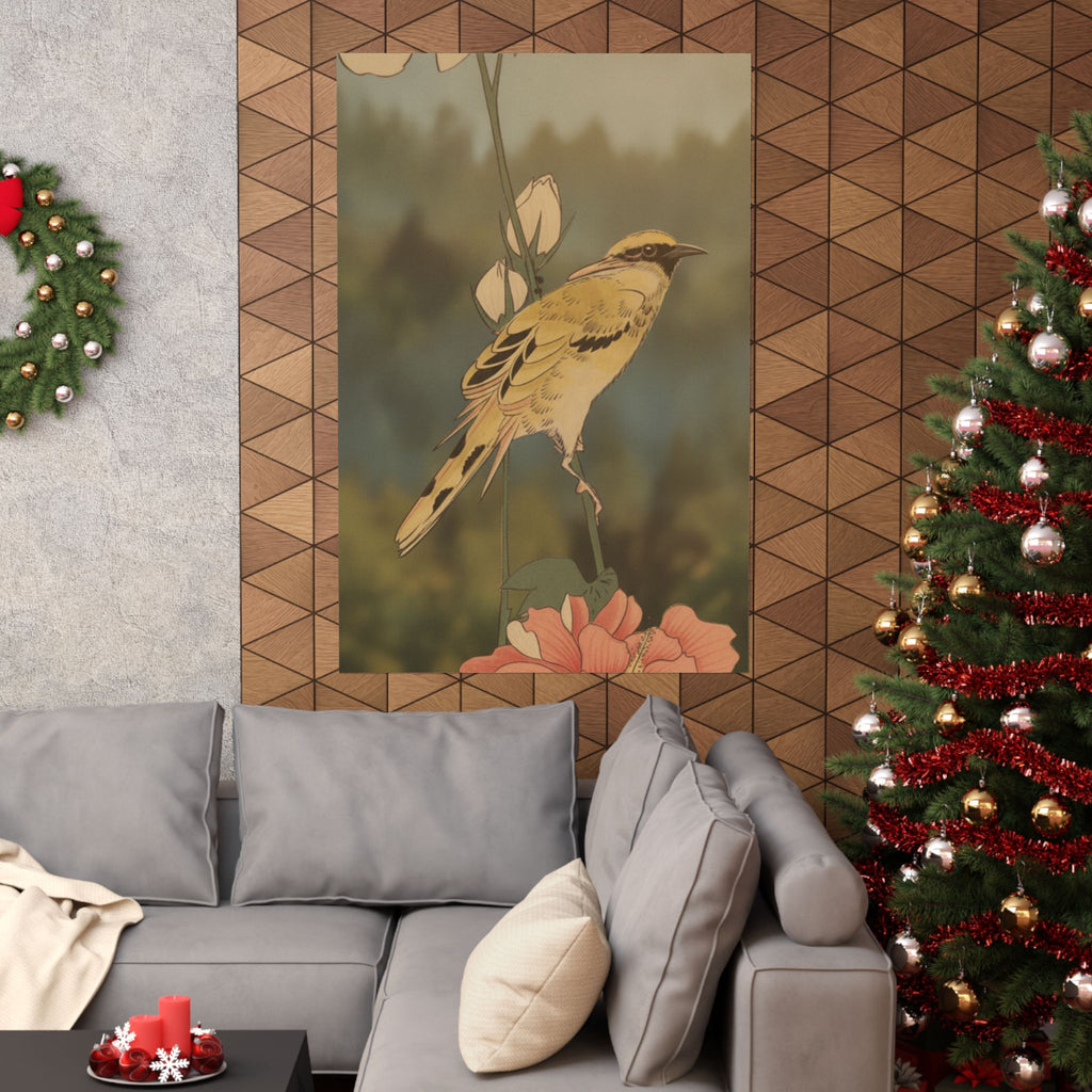 Scenic Nature — Black-Naped Oriole Perched On A Stem Of Rose Mallow — Matte Poster
