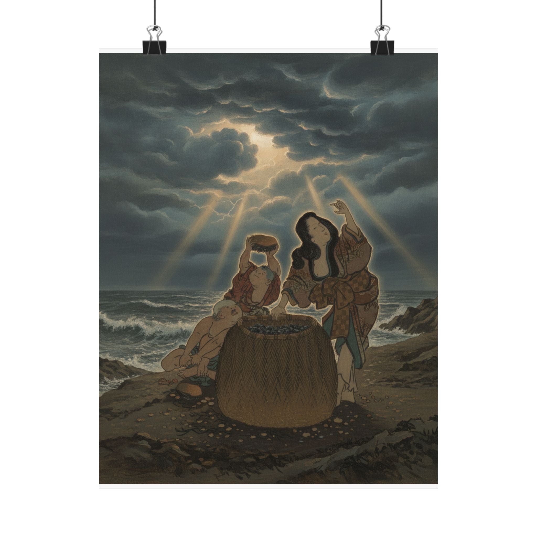 Dramatic Storm — Fisherwoman With A Basket And Two Boys — Matte Poster