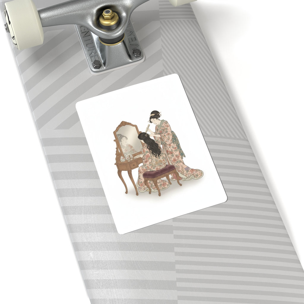 Ecommerce Main — A Woman At Her Toilet Seated Before A Mirror, Having Her Hair Combed By A Kameyu — Kiss-Cut Sticker