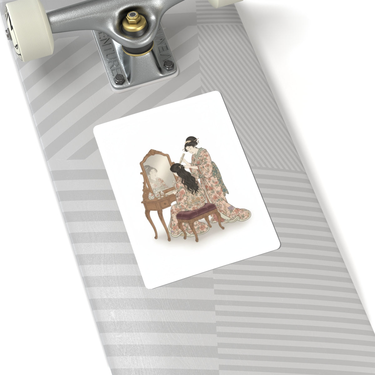 Ecommerce Main — A Woman At Her Toilet Seated Before A Mirror, Having Her Hair Combed By A Kameyu — Kiss-Cut Sticker