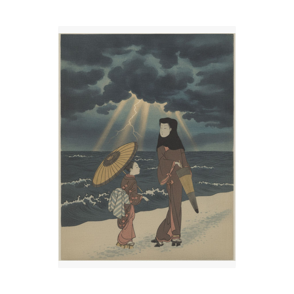 Dramatic Storm — Lady With Black Hood And Umbrella Out Walking With Young Attendant — Matte Poster