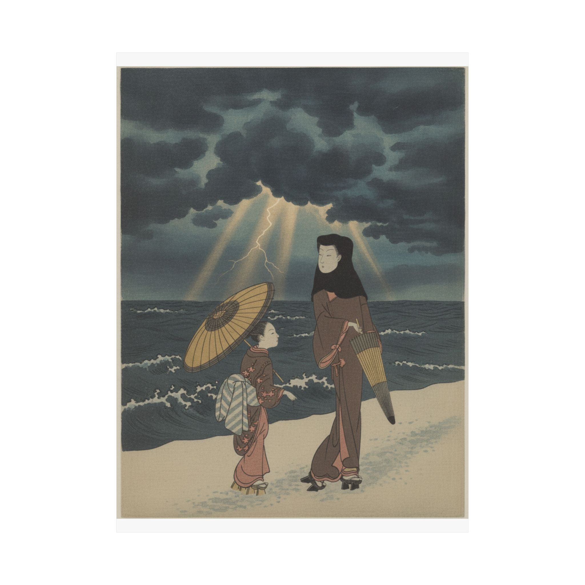Dramatic Storm — Lady With Black Hood And Umbrella Out Walking With Young Attendant — Matte Poster