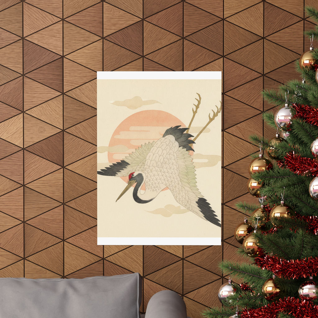 Botanical — White Crane Flying Across The Sun'S Disc — Matte Poster