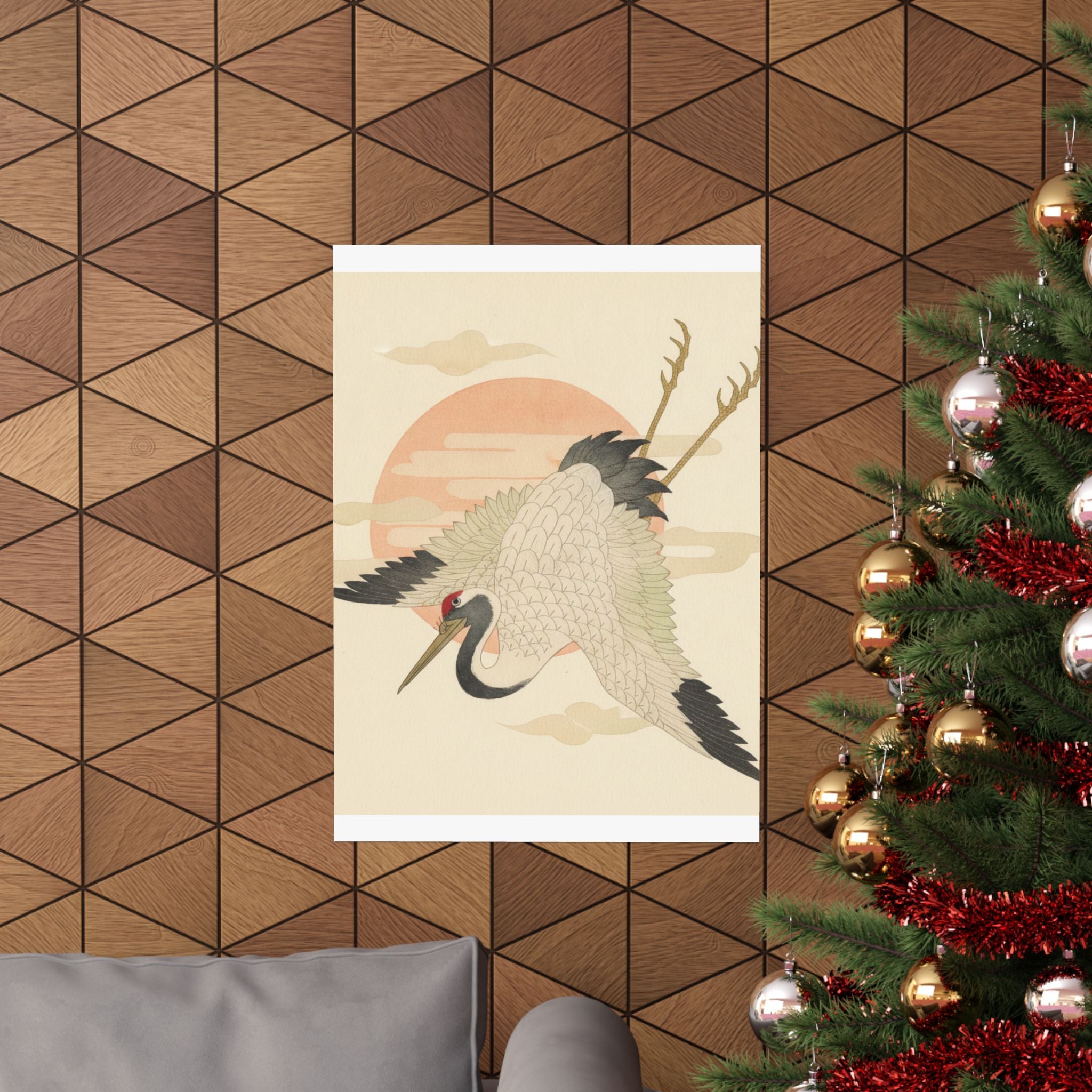 Botanical — White Crane Flying Across The Sun'S Disc — Matte Poster