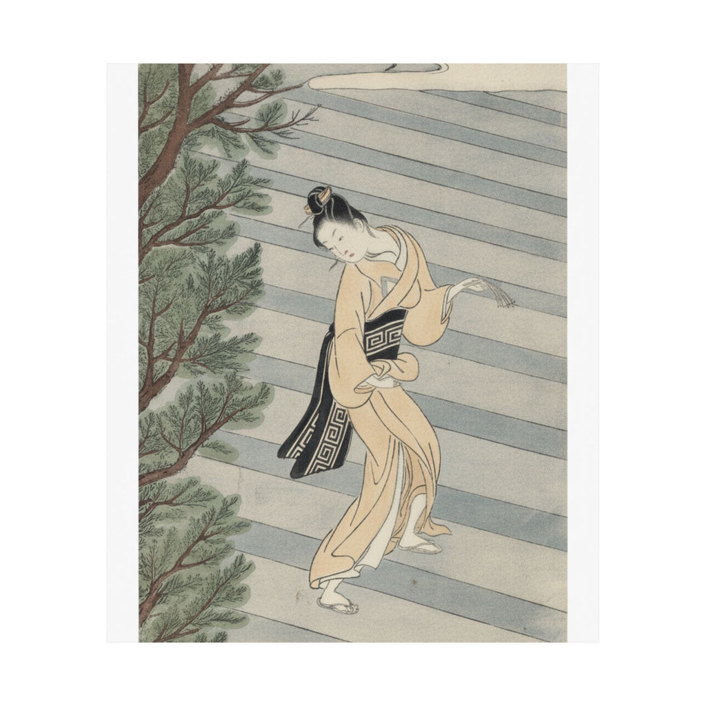 Watercolor — Young Woman Climbing Stone Stairs To A Shinto Temple — Matte Poster