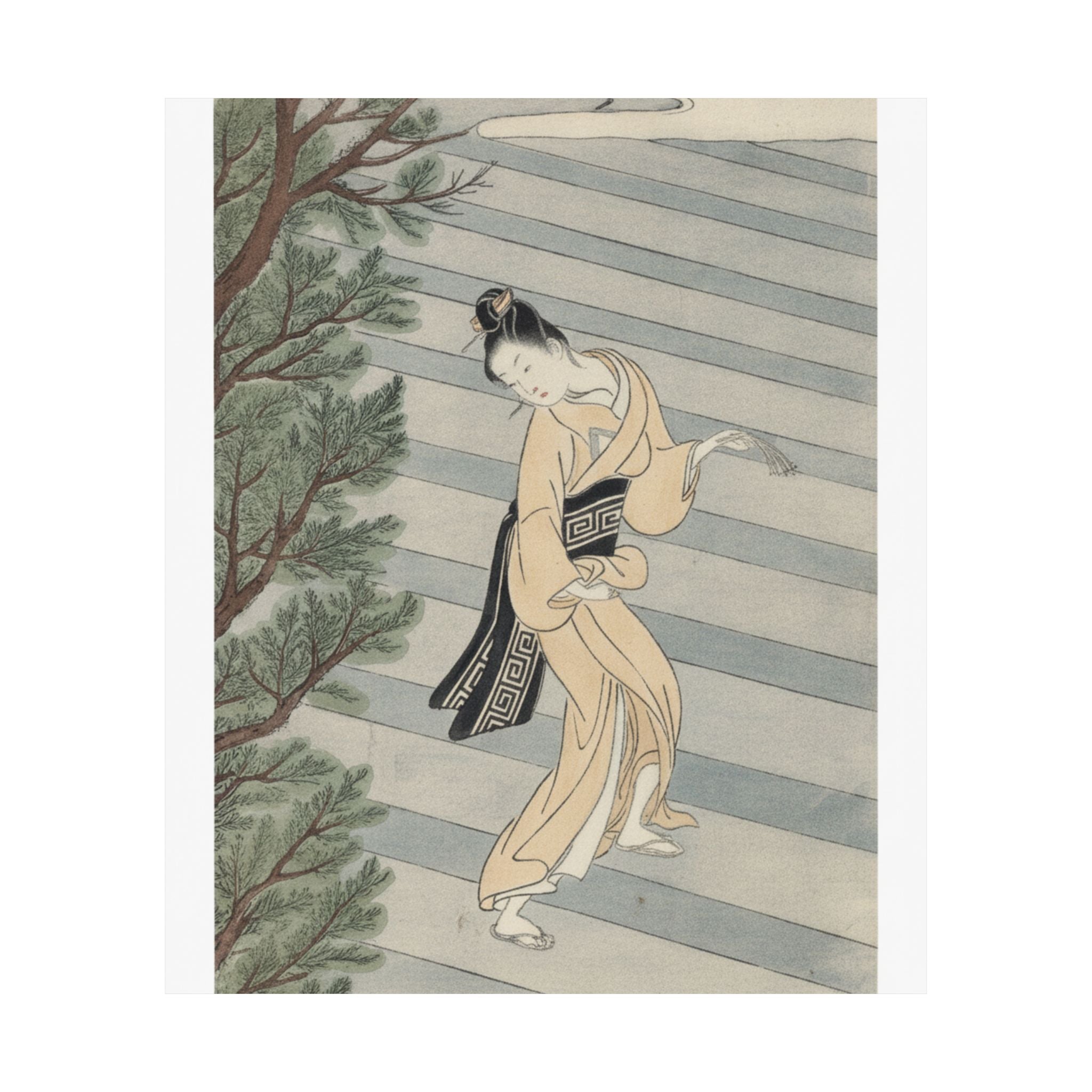 Watercolor — Young Woman Climbing Stone Stairs To A Shinto Temple — Matte Poster