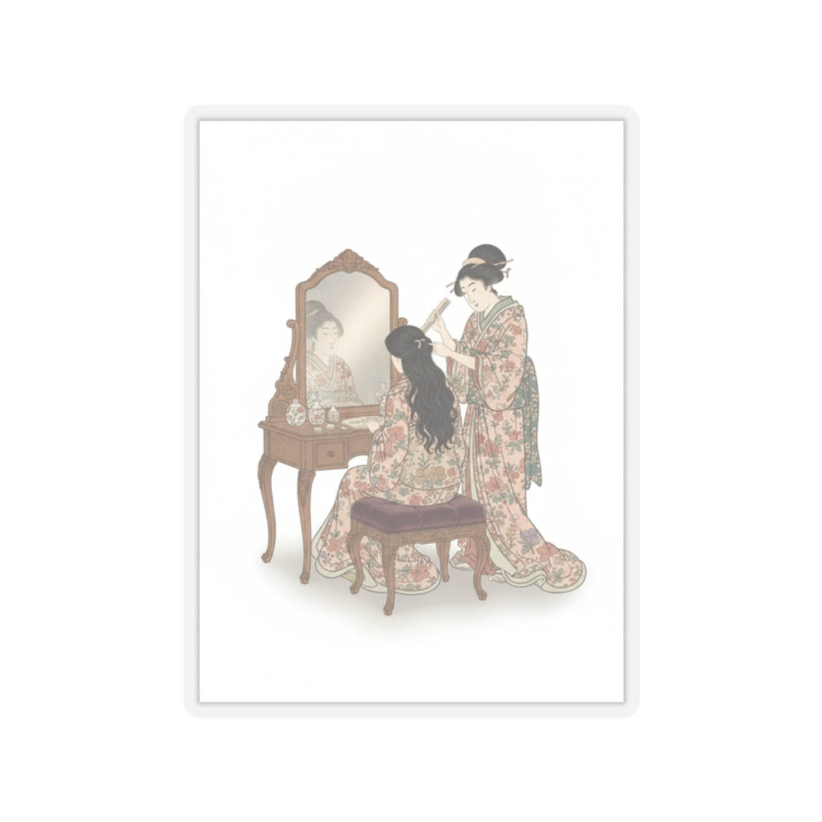 Ecommerce Main — A Woman At Her Toilet Seated Before A Mirror, Having Her Hair Combed By A Kameyu — Kiss-Cut Sticker