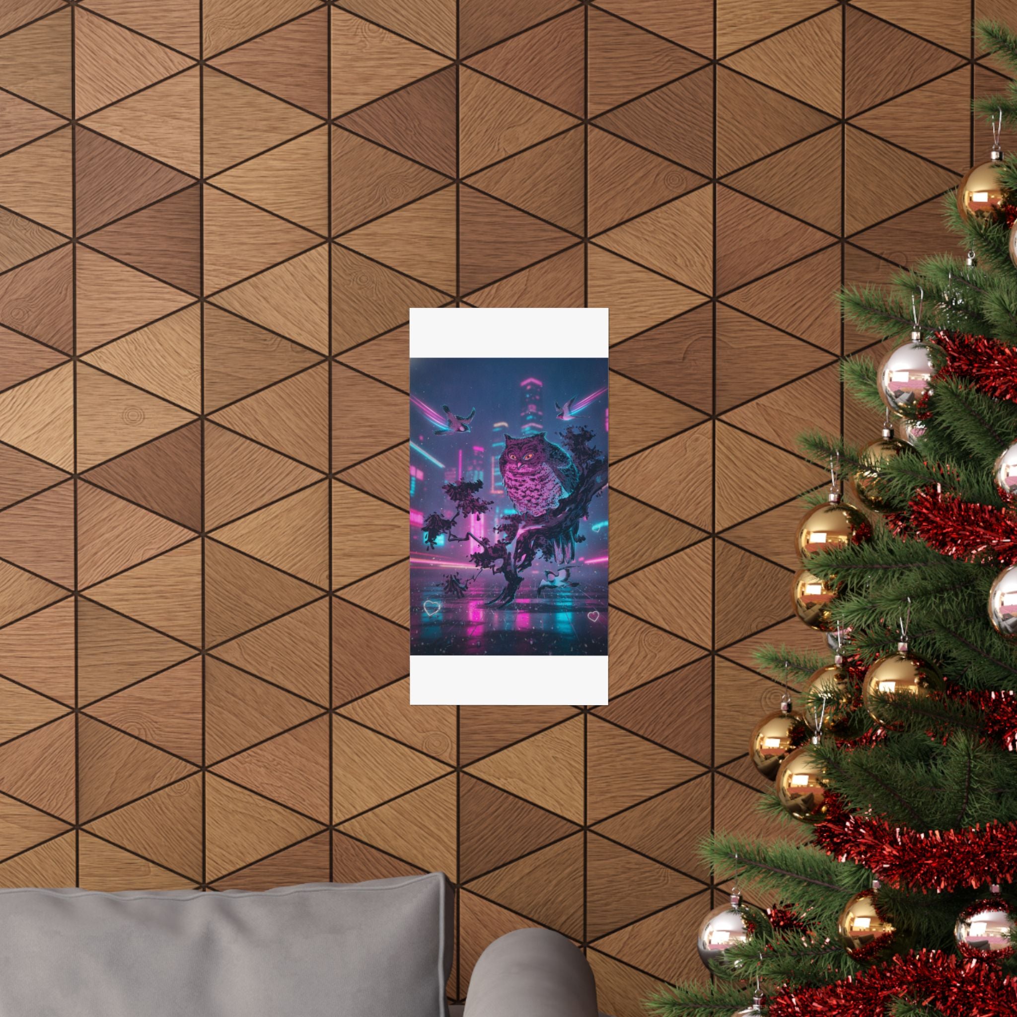 Neon Noir — Owl And Two Swallows — Matte Poster