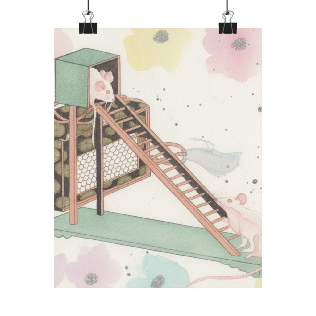 Watercolor — White Mice Playing — Matte Poster