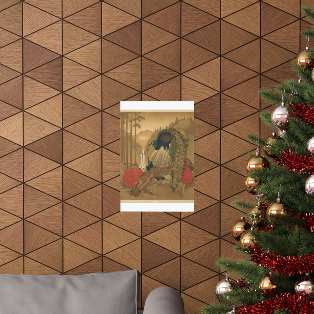 Scenic Nature — Painting Of Peacocks, Pines, A Waterfall, And A Roll Of Red Fabric — Matte Poster