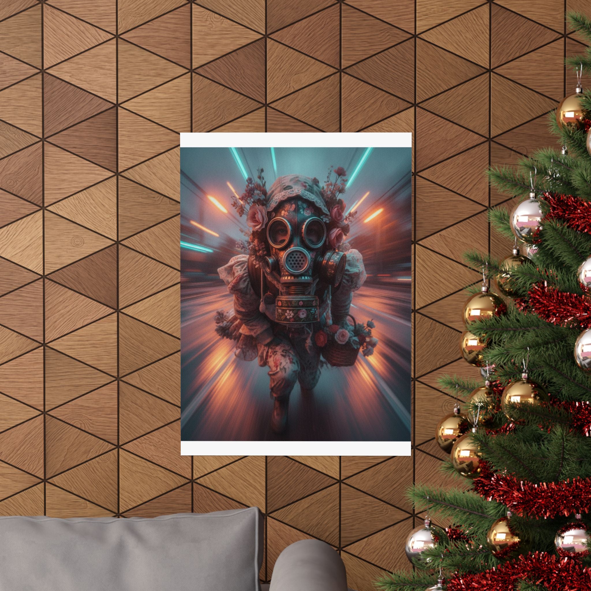 Neon Tunnel Rose Gas Mask Post-Apocalyptic Poster