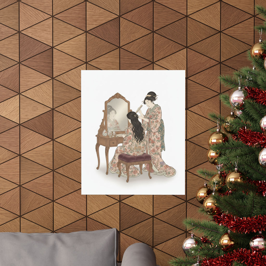 Ecommerce Main — A Woman At Her Toilet Seated Before A Mirror, Having Her Hair Combed By A Kameyu — Matte Poster